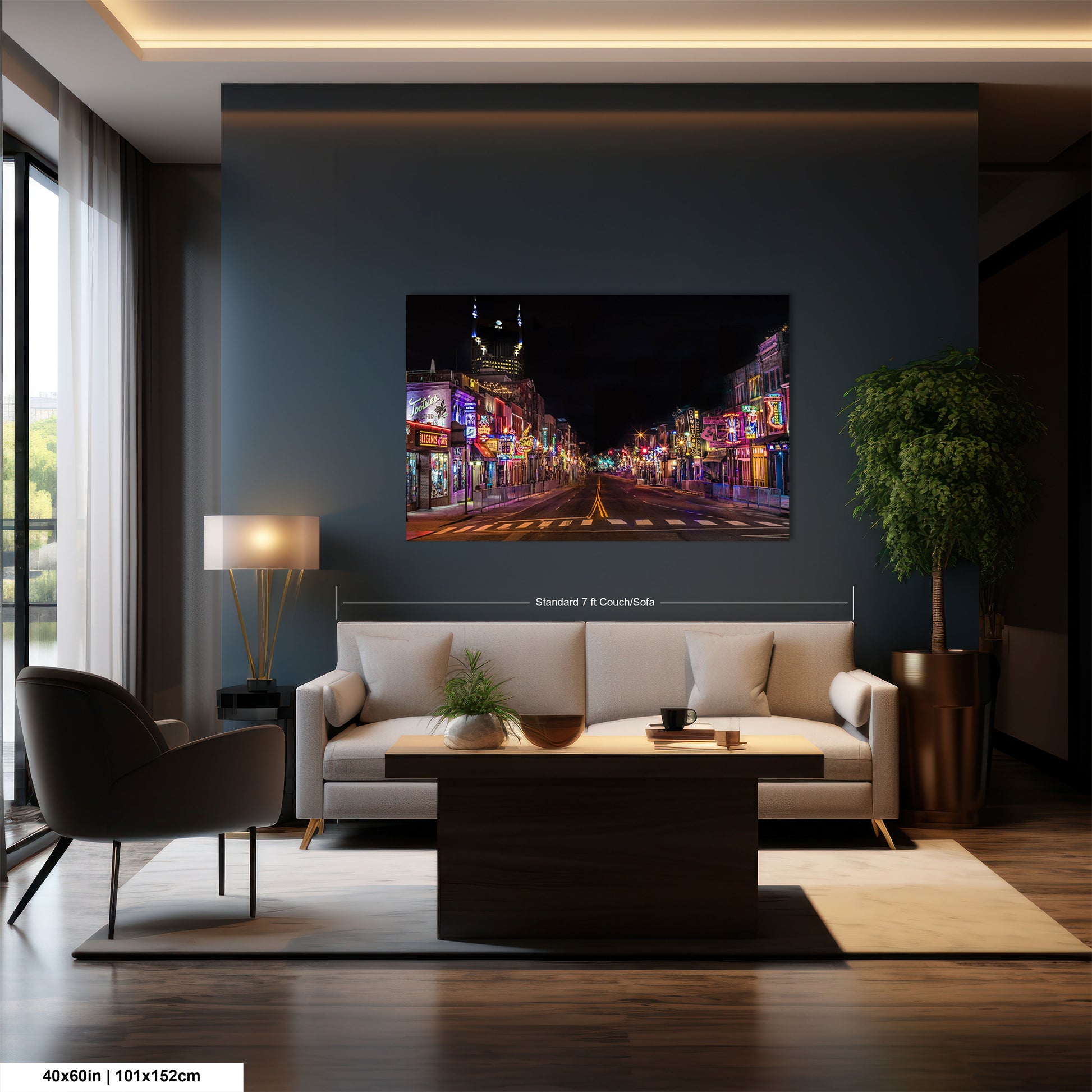 a living room with a large painting on the wall