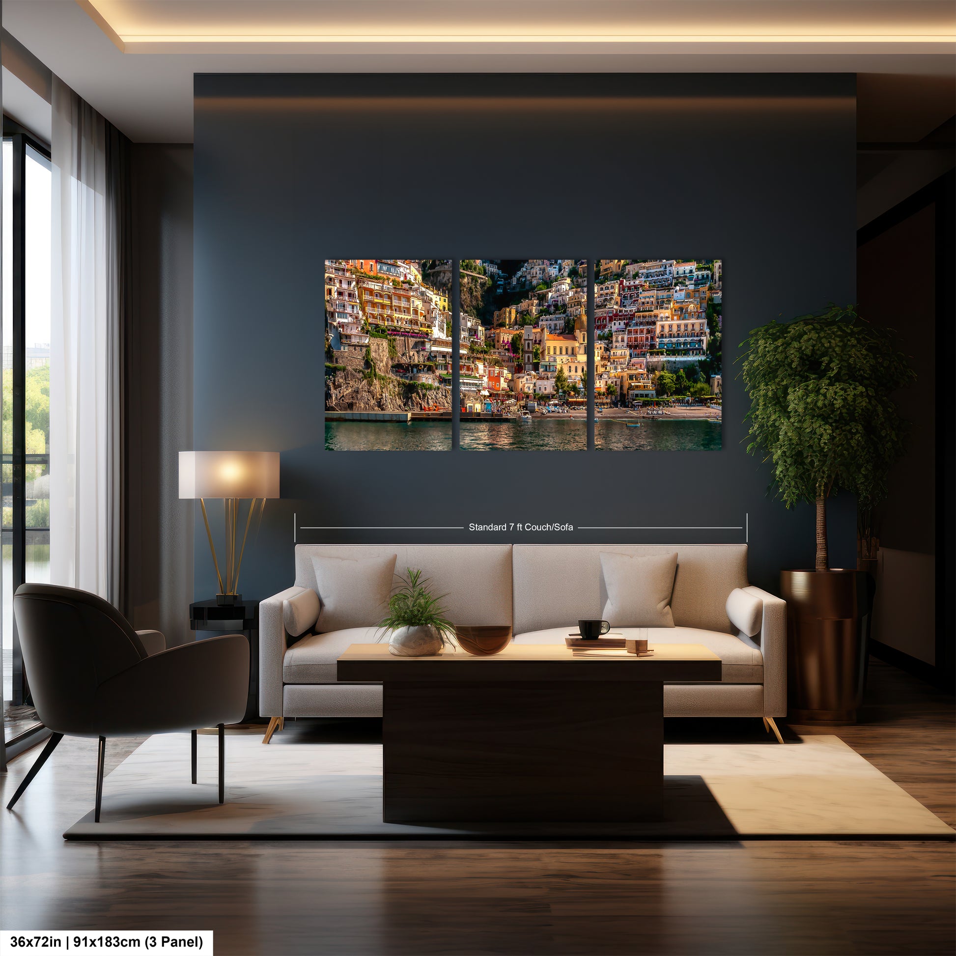 a living room filled with furniture and a painting on the wall