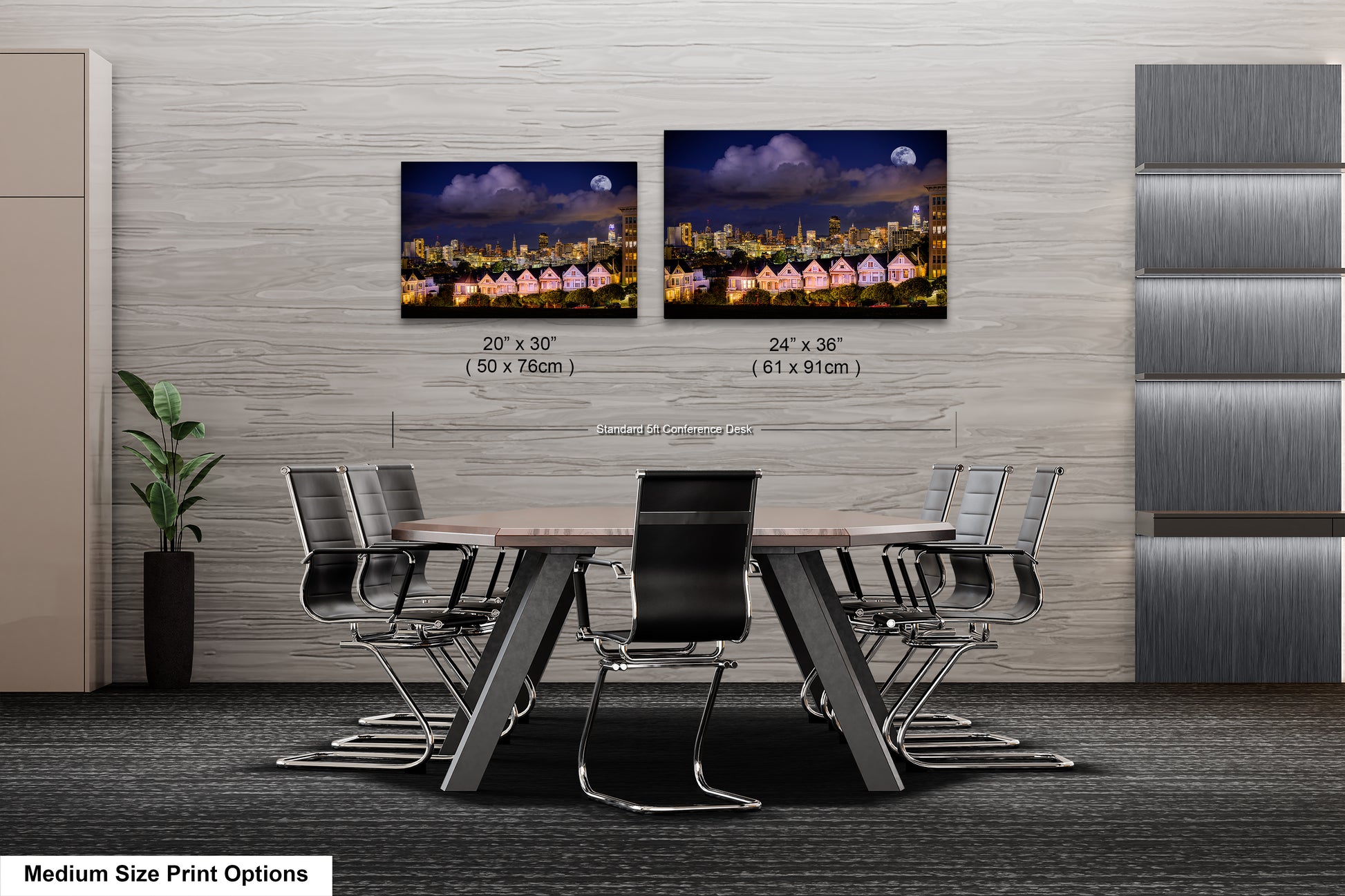 a dining room table with chairs and a picture of a city