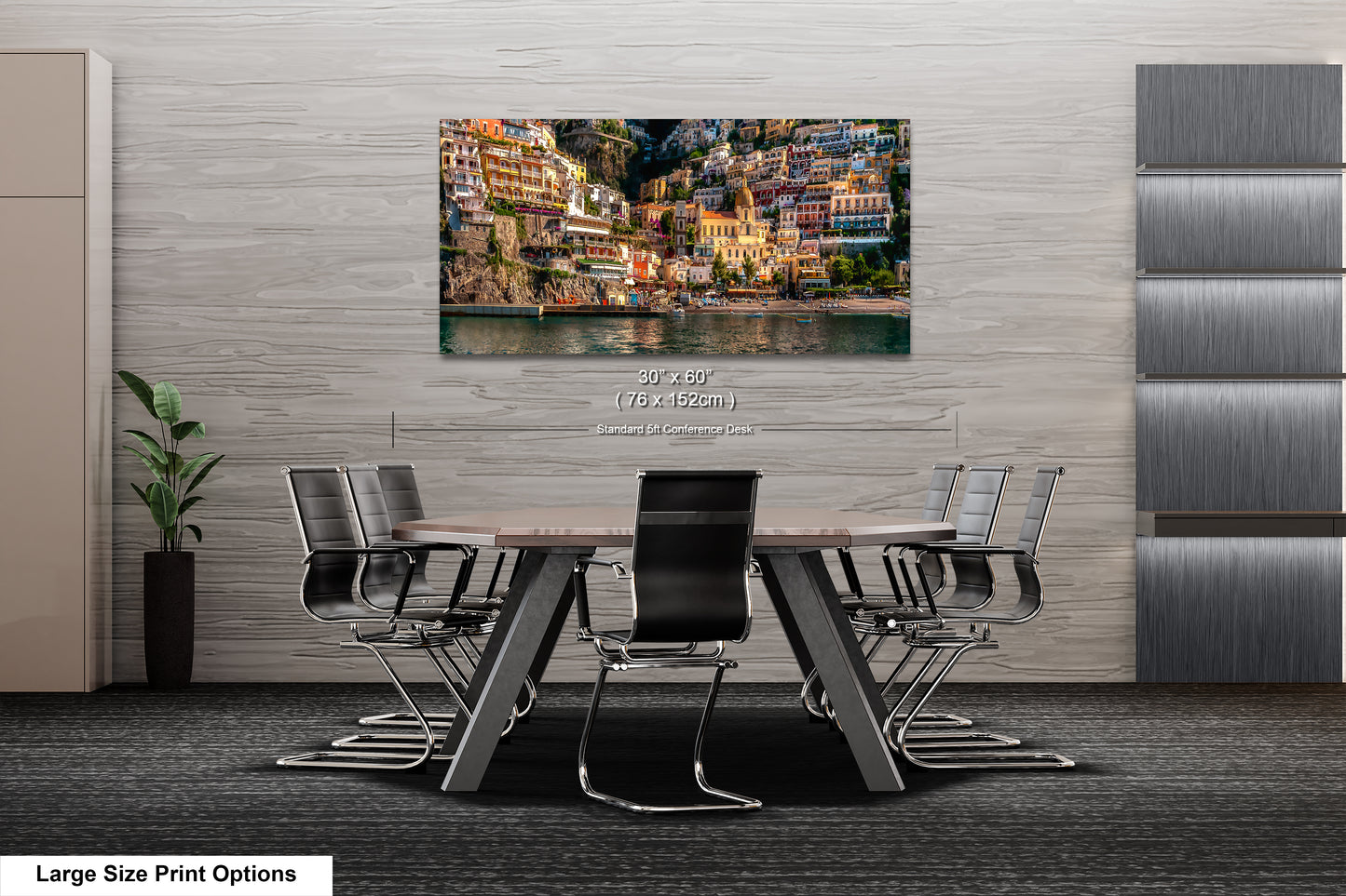 a dining room table with chairs and a painting on the wall