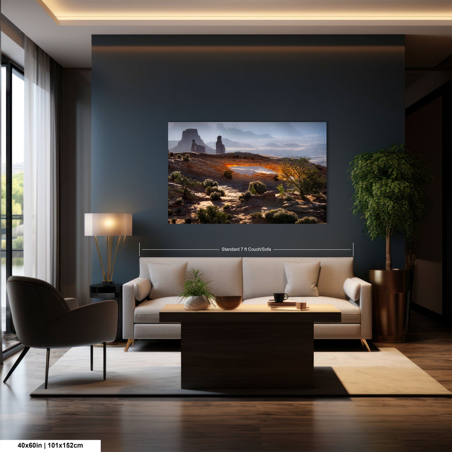 a living room with a large painting on the wall