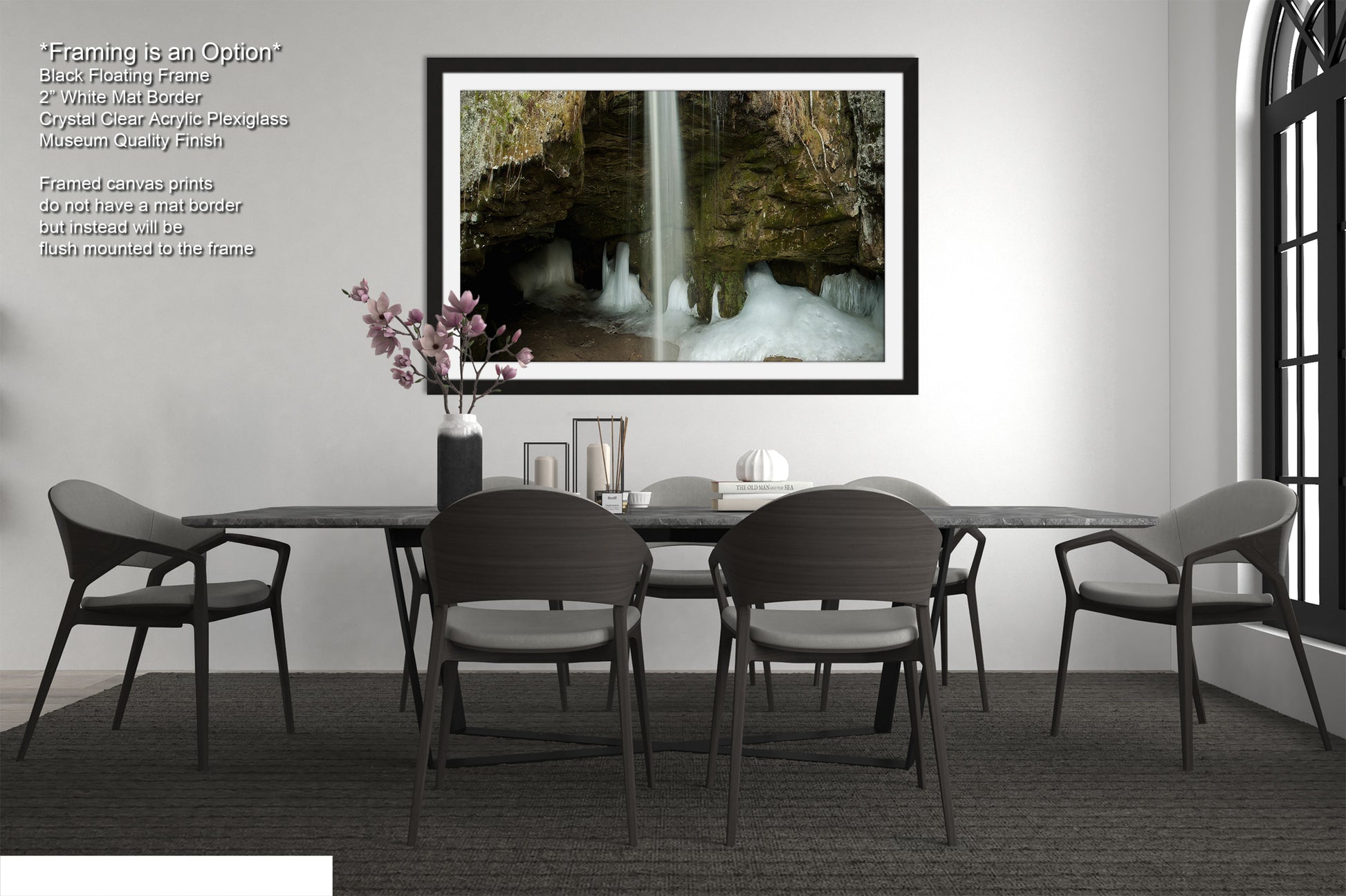 a picture of a dining room with a waterfall in the background