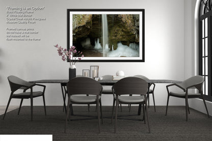 a picture of a dining room with a waterfall in the background