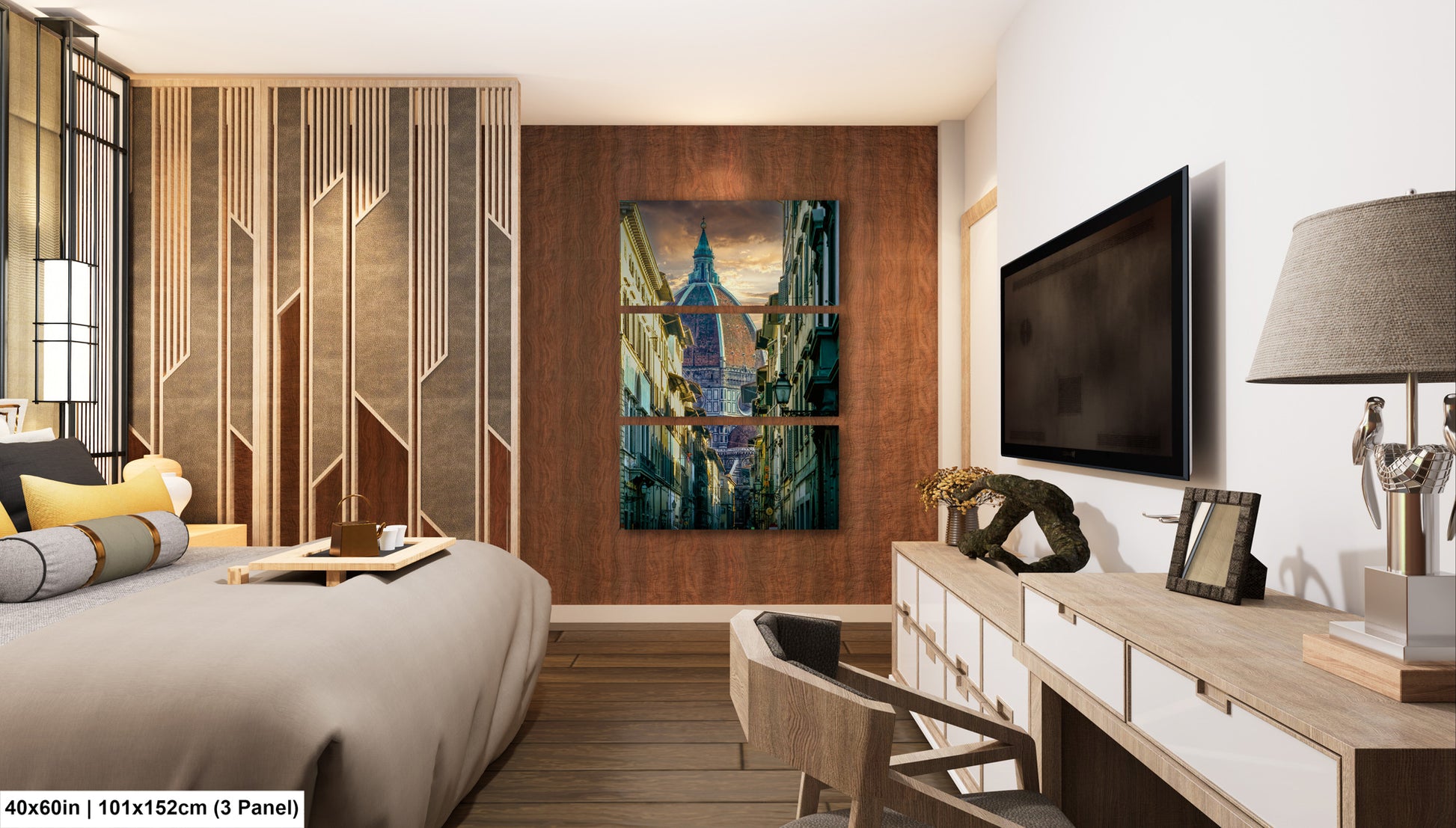 a bed room with a neatly made bed and a flat screen tv