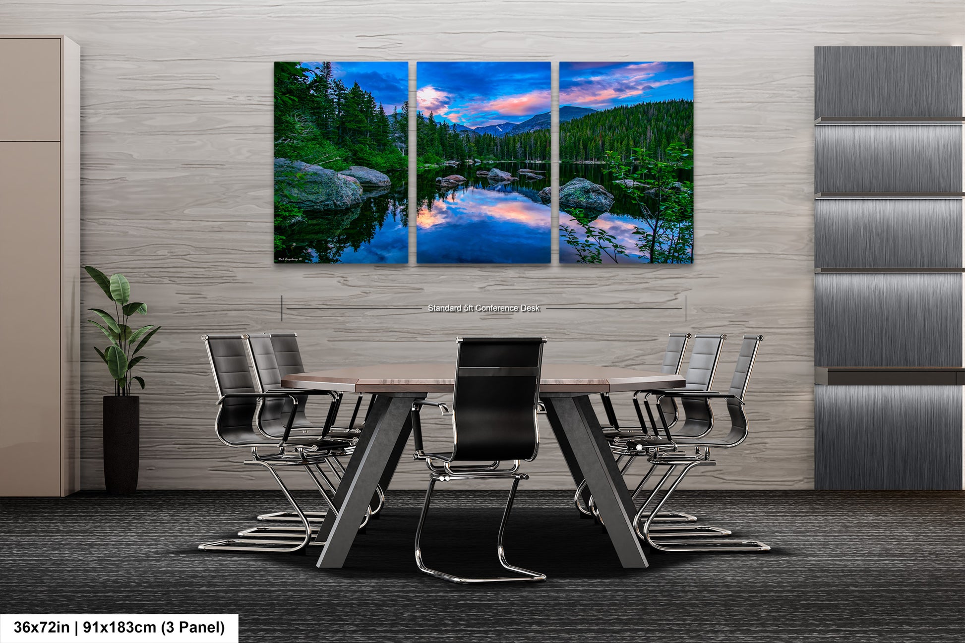 a dining room table with chairs and a painting on the wall