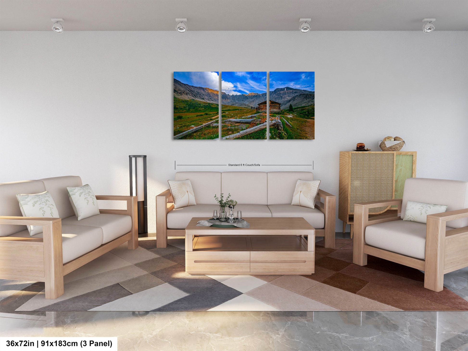 a living room filled with furniture and a painting on the wall