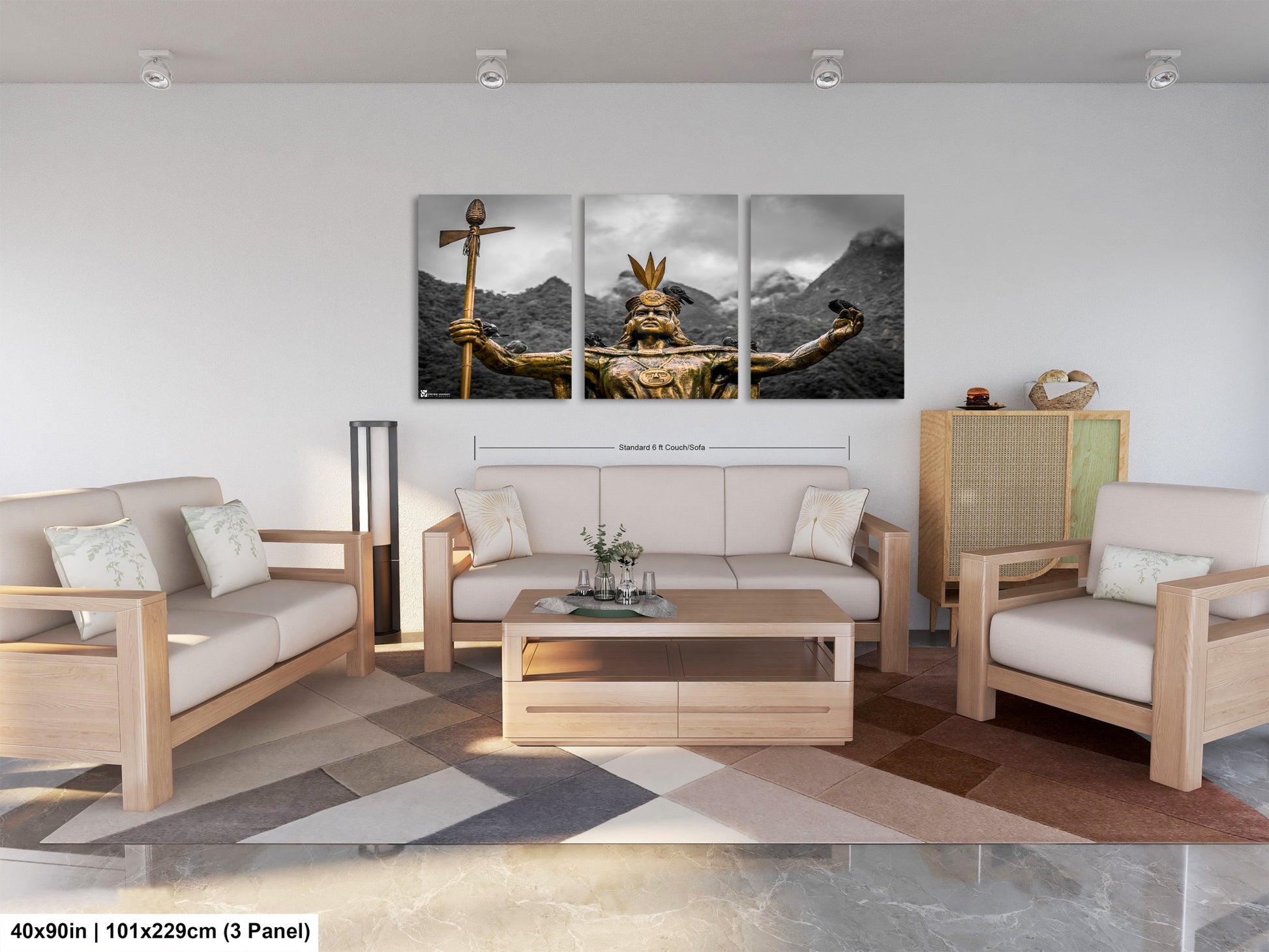 a living room filled with furniture and a painting on the wall