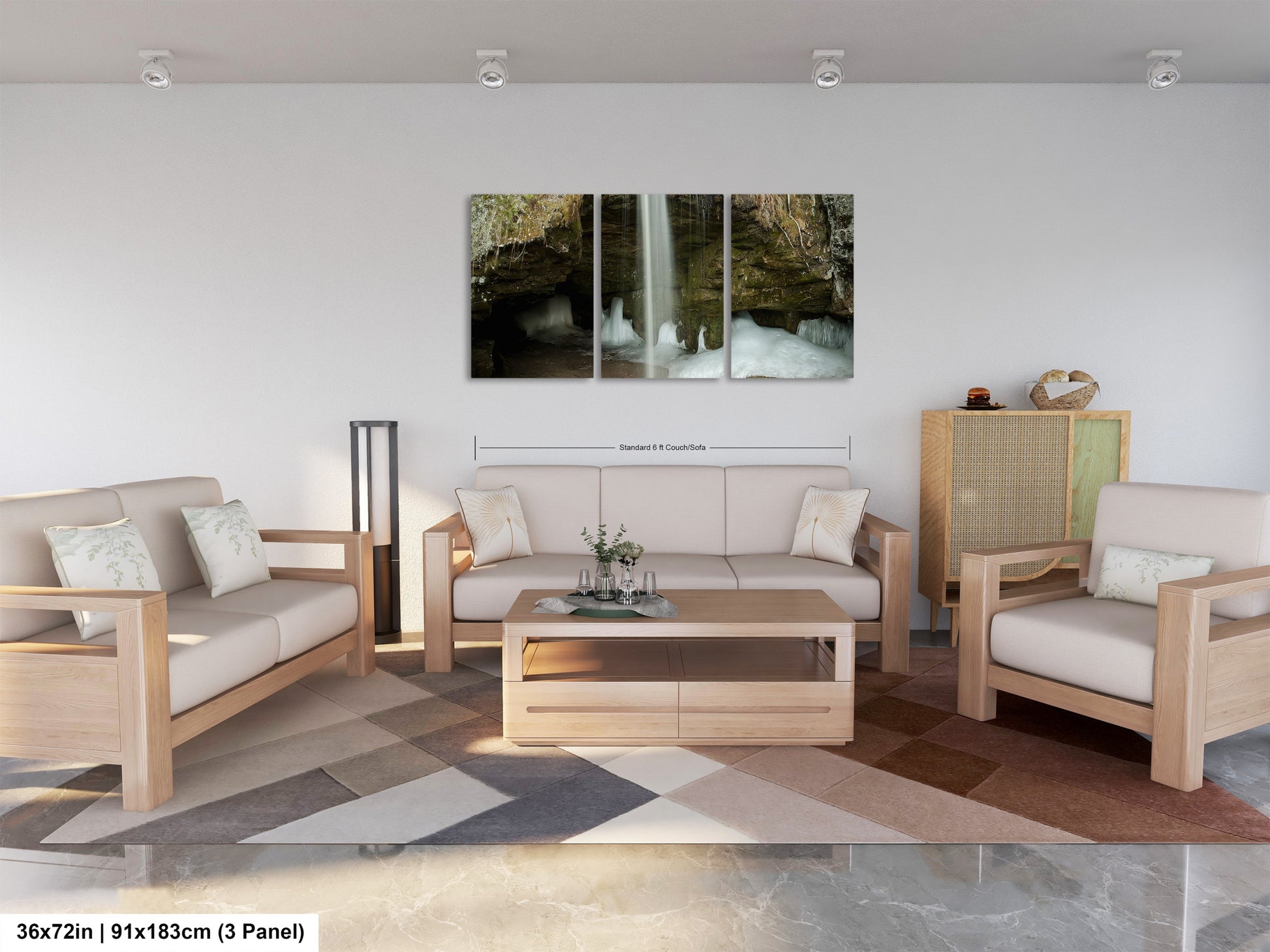 a living room filled with furniture and a painting on the wall
