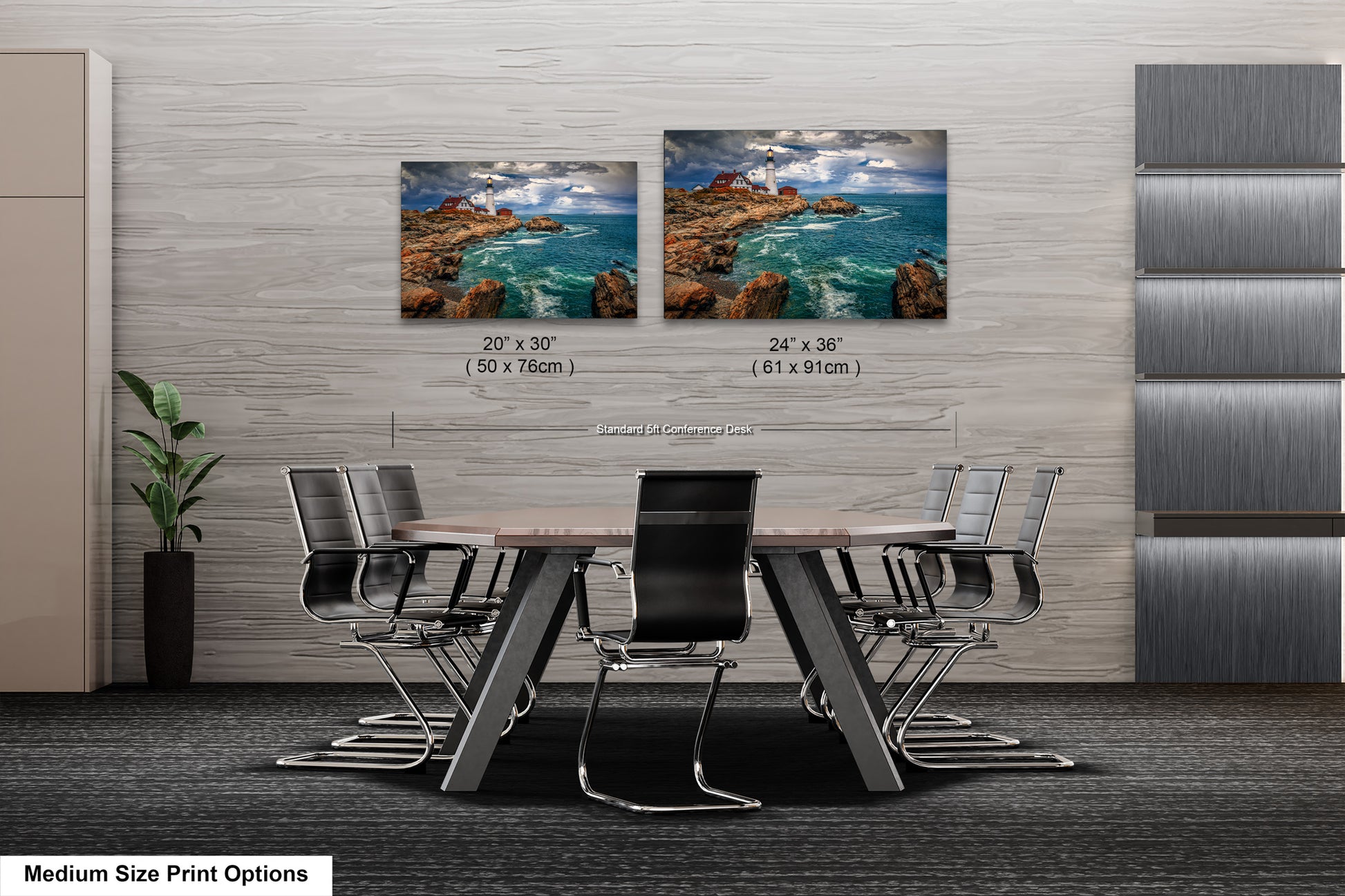 a dining room table with chairs and two pictures on the wall