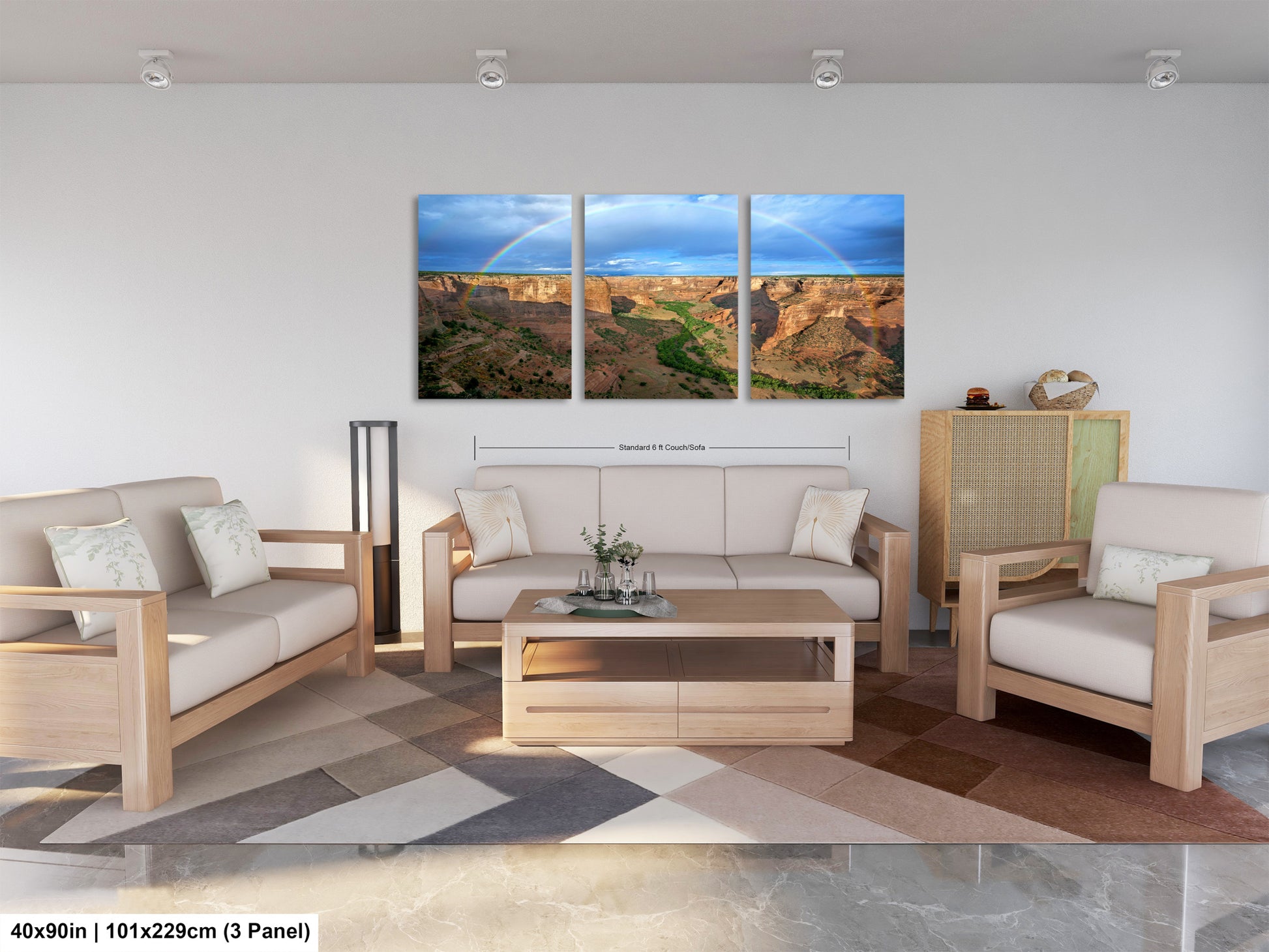 a living room filled with furniture and a painting on the wall