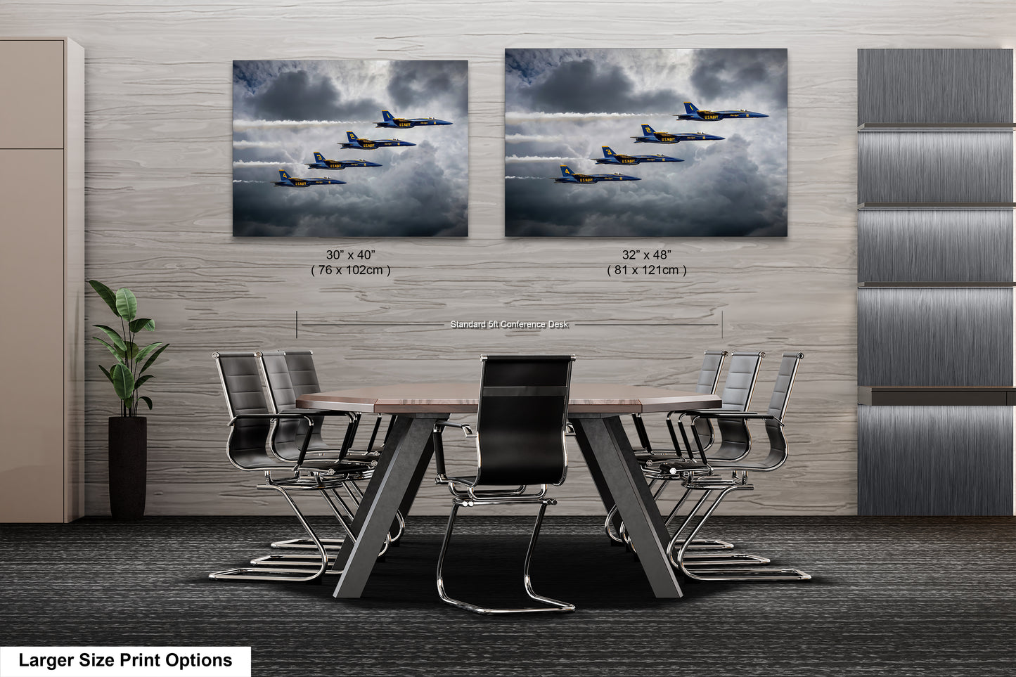 a dining room table with chairs and two pictures of planes