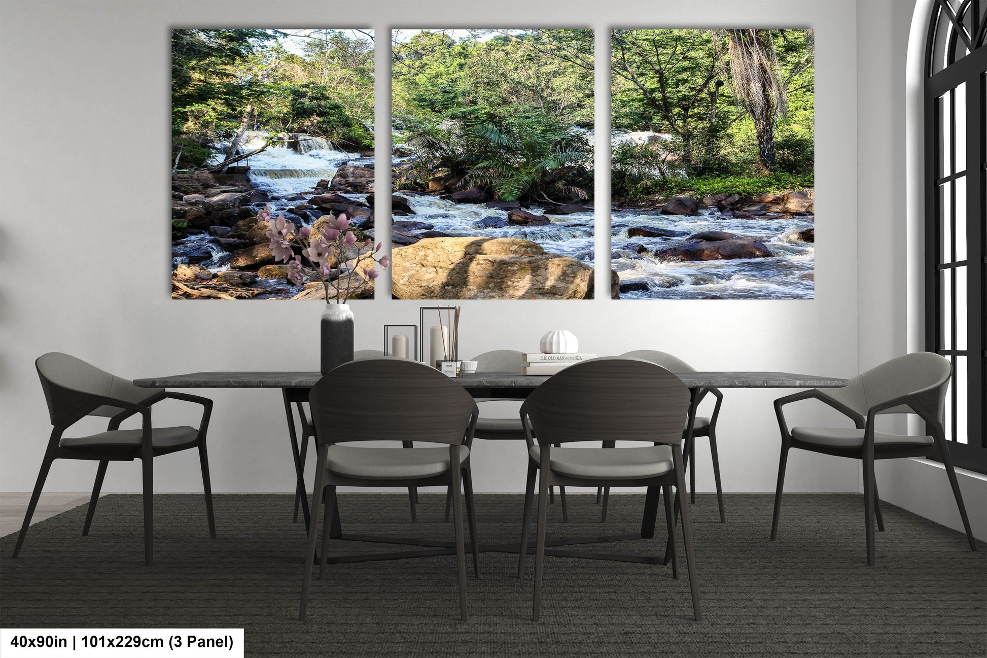 a dining room with a table and chairs