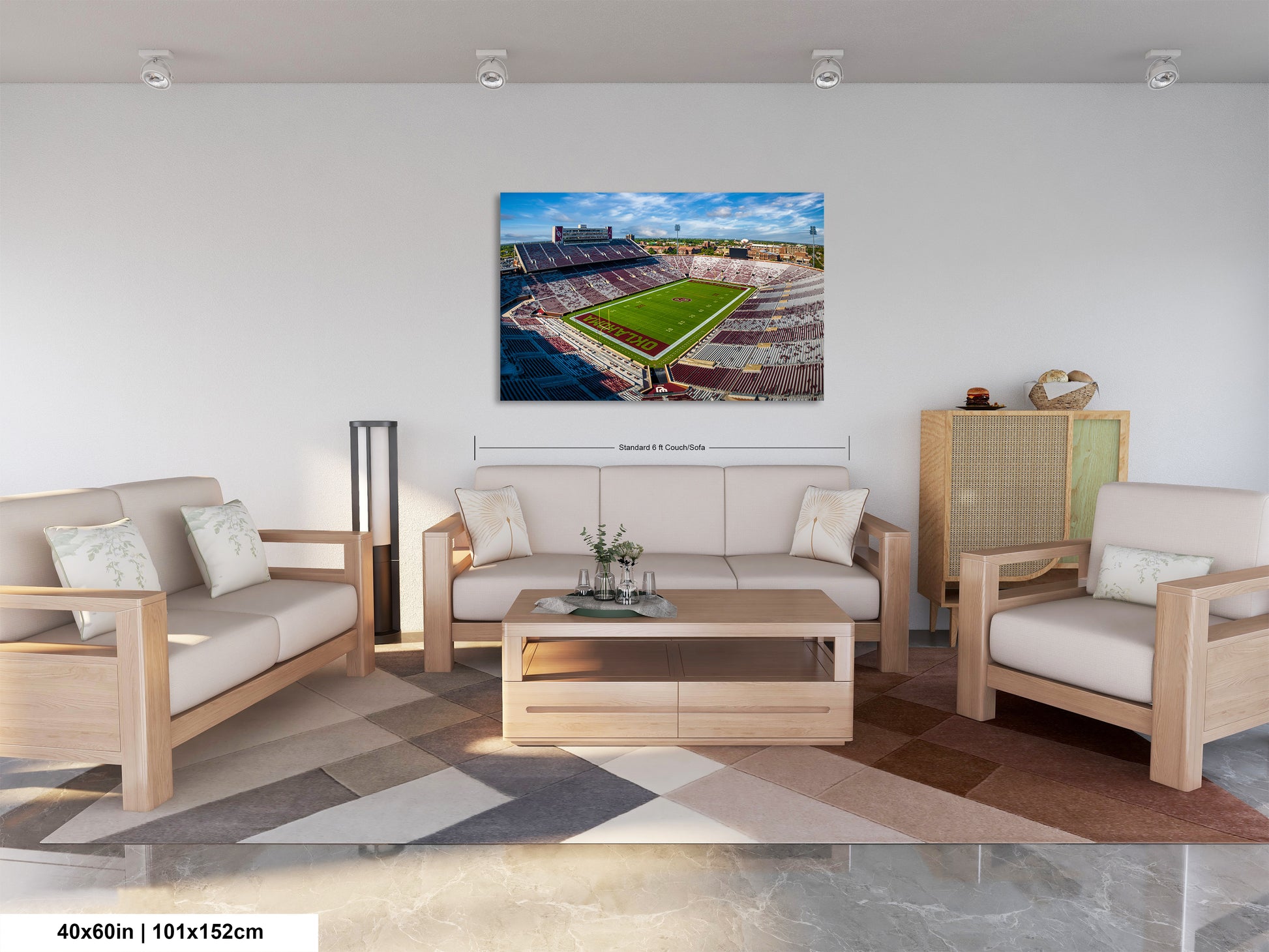 a living room filled with furniture and a painting on the wall