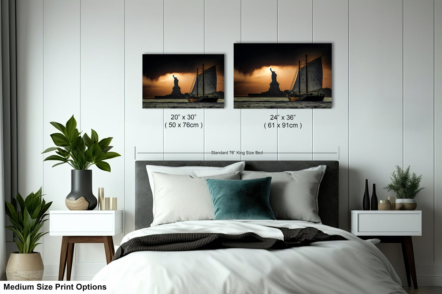 a bedroom with a bed and two pictures on the wall