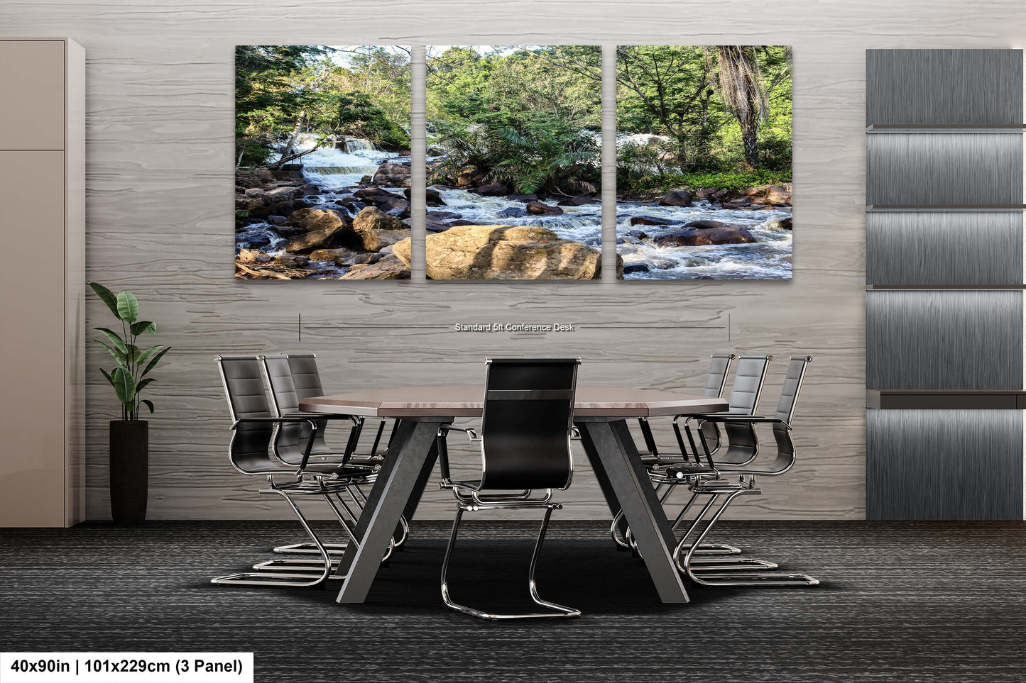 a dining room table with chairs in front of a waterfall
