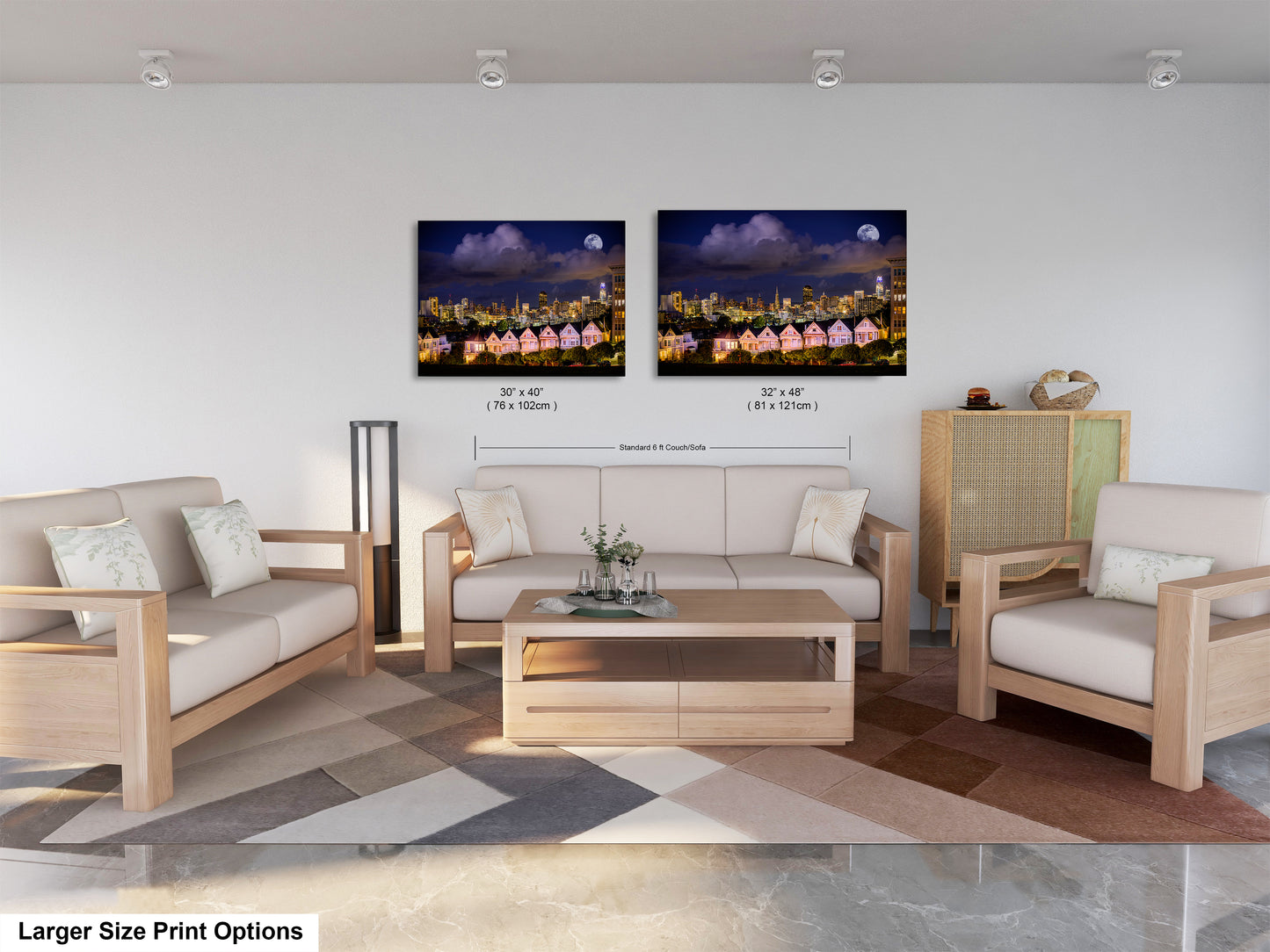 a living room with two pictures on the wall