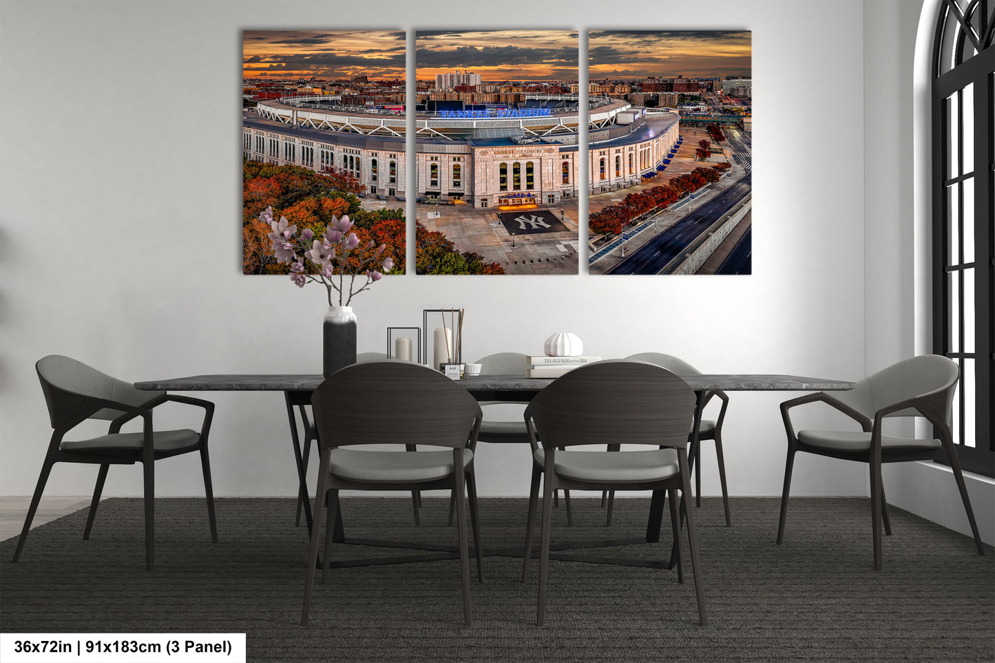 a dining room with a table and chairs