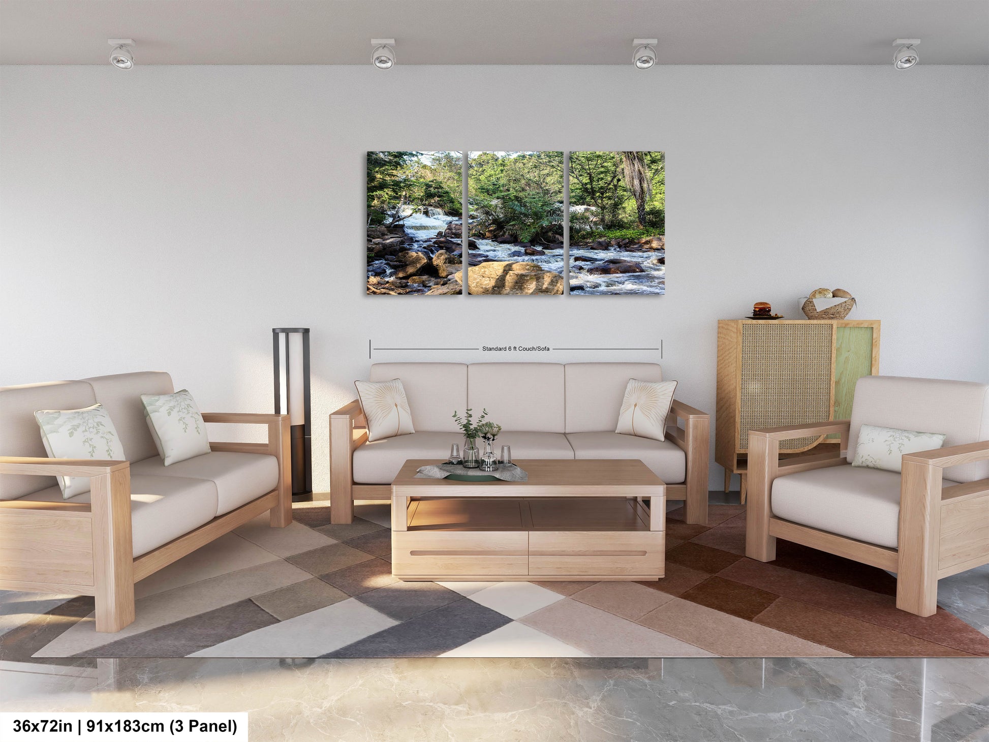 a living room filled with furniture and a painting on the wall