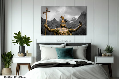 a bed room with a neatly made bed and a painting on the wall