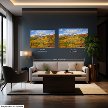 a living room filled with furniture and a painting on the wall