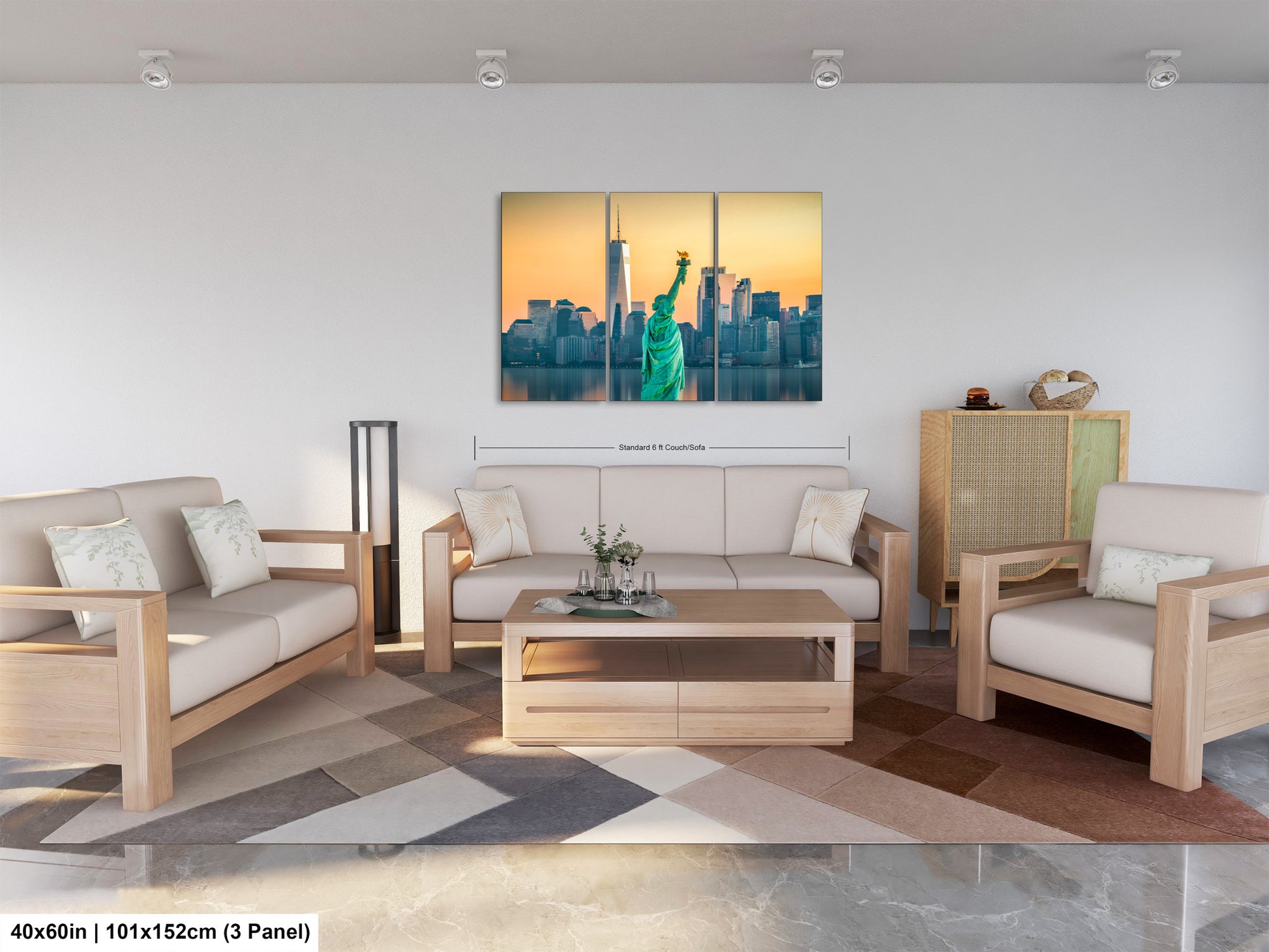 a living room filled with furniture and a painting on the wall