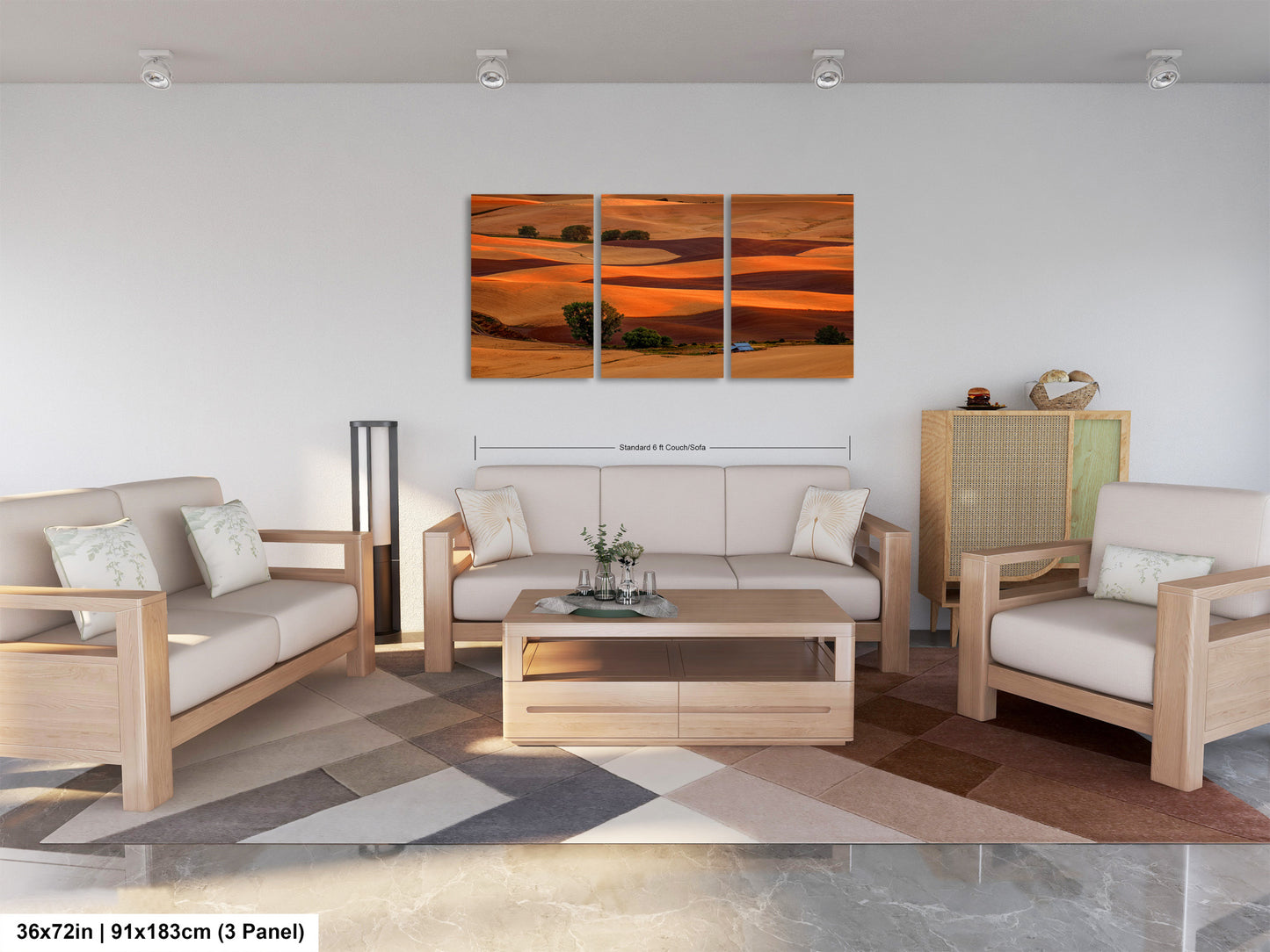 a living room filled with furniture and a painting on the wall