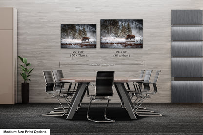 a dining room table with chairs next to a wall with a picture of a bear