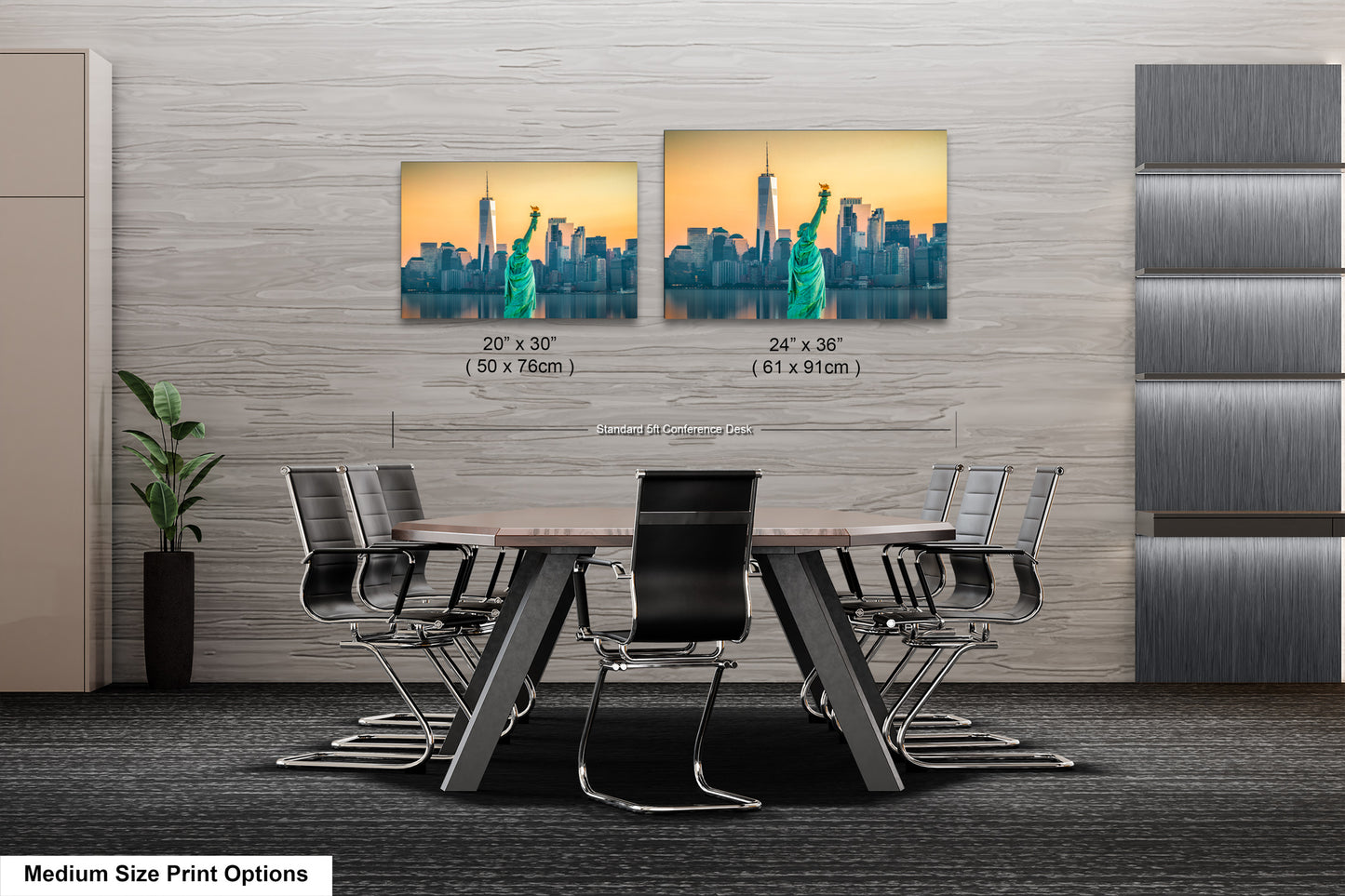 a dining room table with chairs and a picture of a city