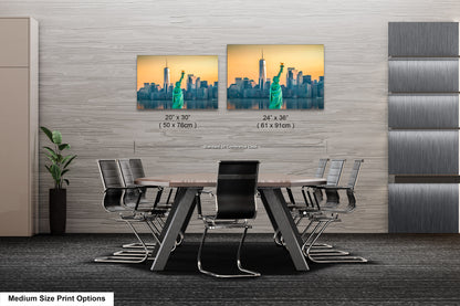 a dining room table with chairs and a picture of a city