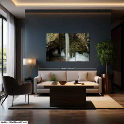 a living room with a couch a table and a waterfall