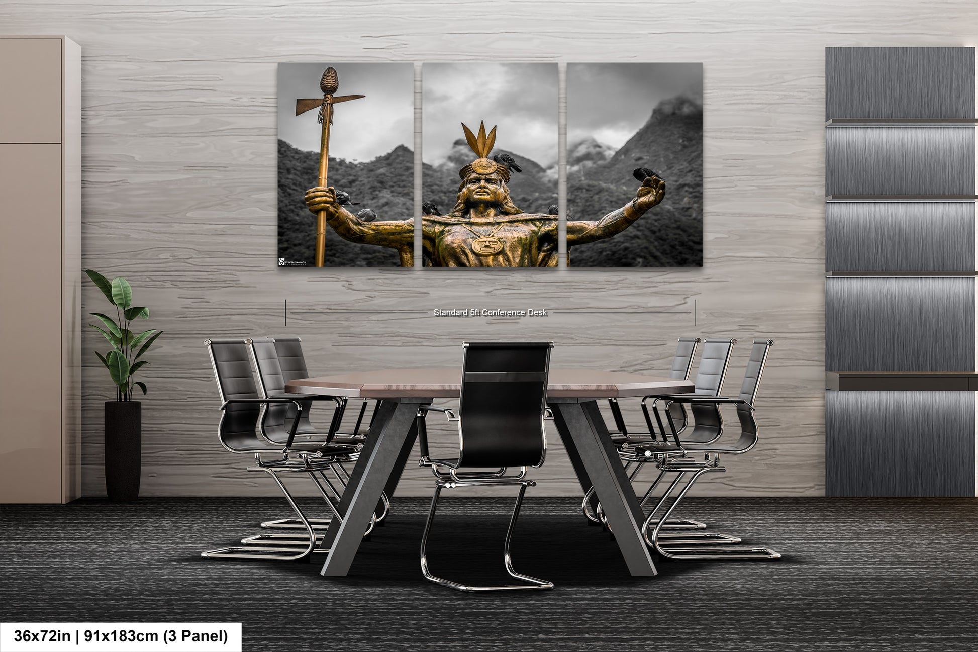 a dining room table with chairs and a painting on the wall