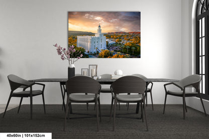 a dining room table with chairs and a painting on the wall