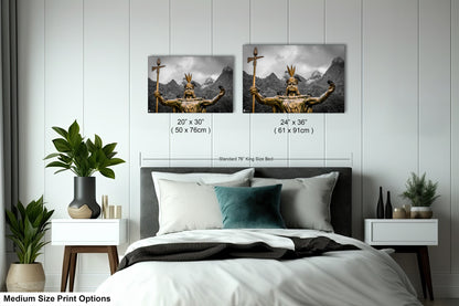 a bed room with a neatly made bed and two pictures on the wall