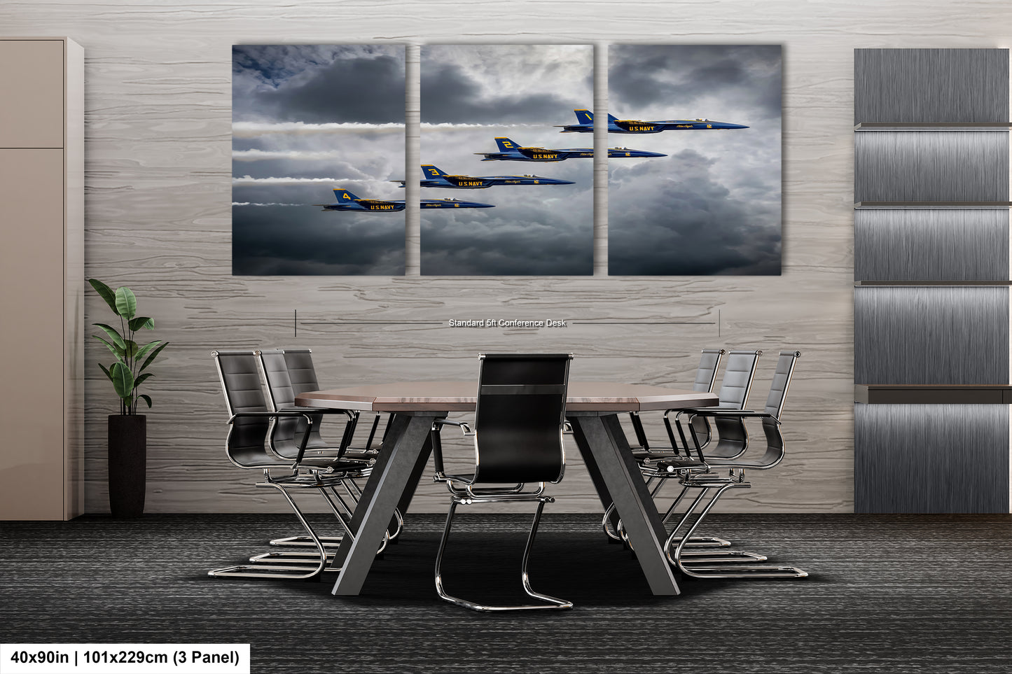 a dining room table with four paintings of fighter jets