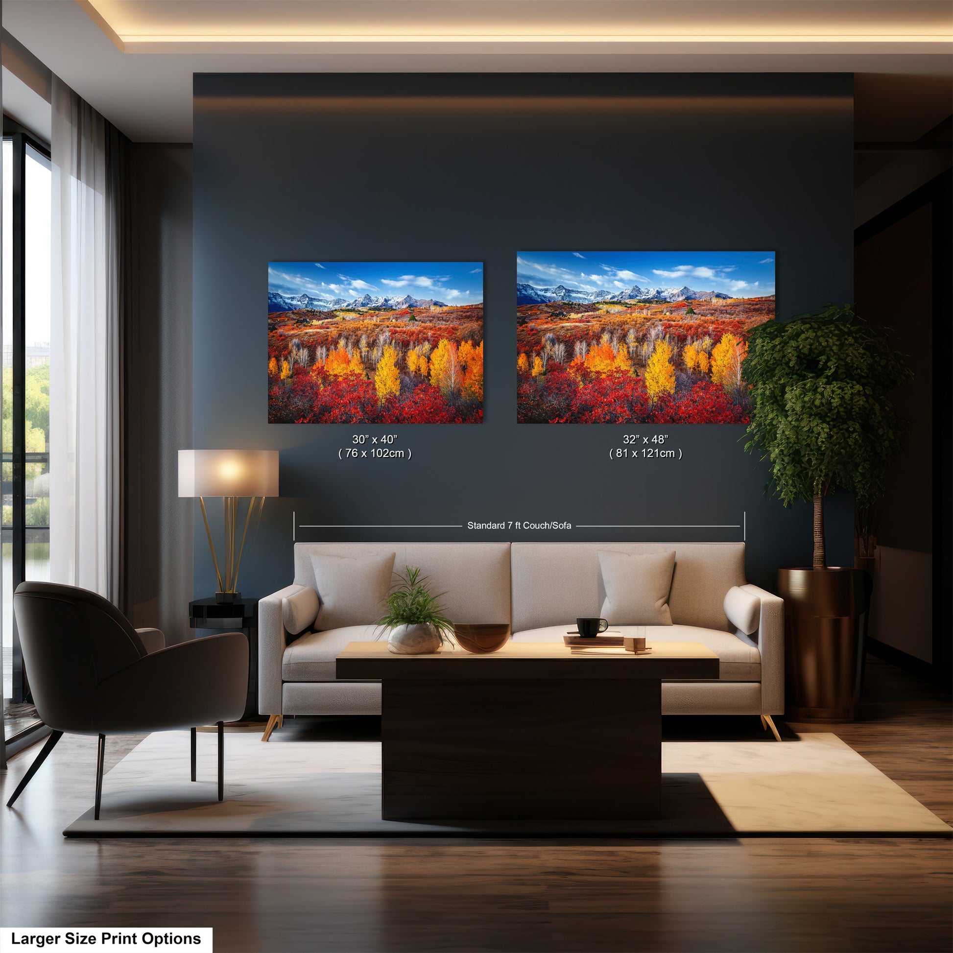 a living room with two paintings on the wall