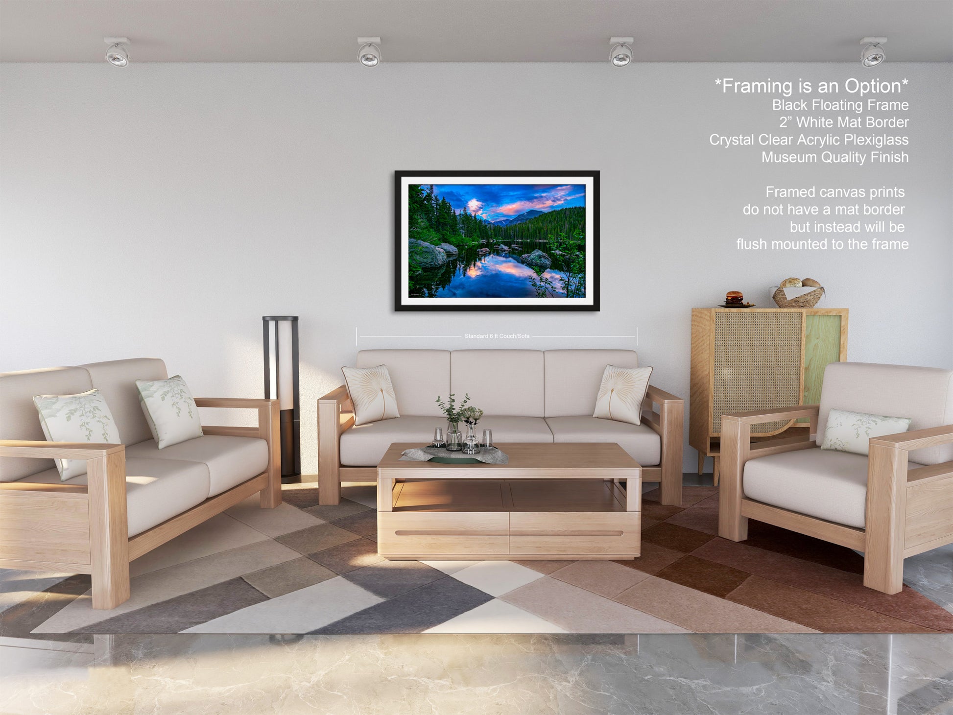 a living room filled with furniture and a painting on the wall