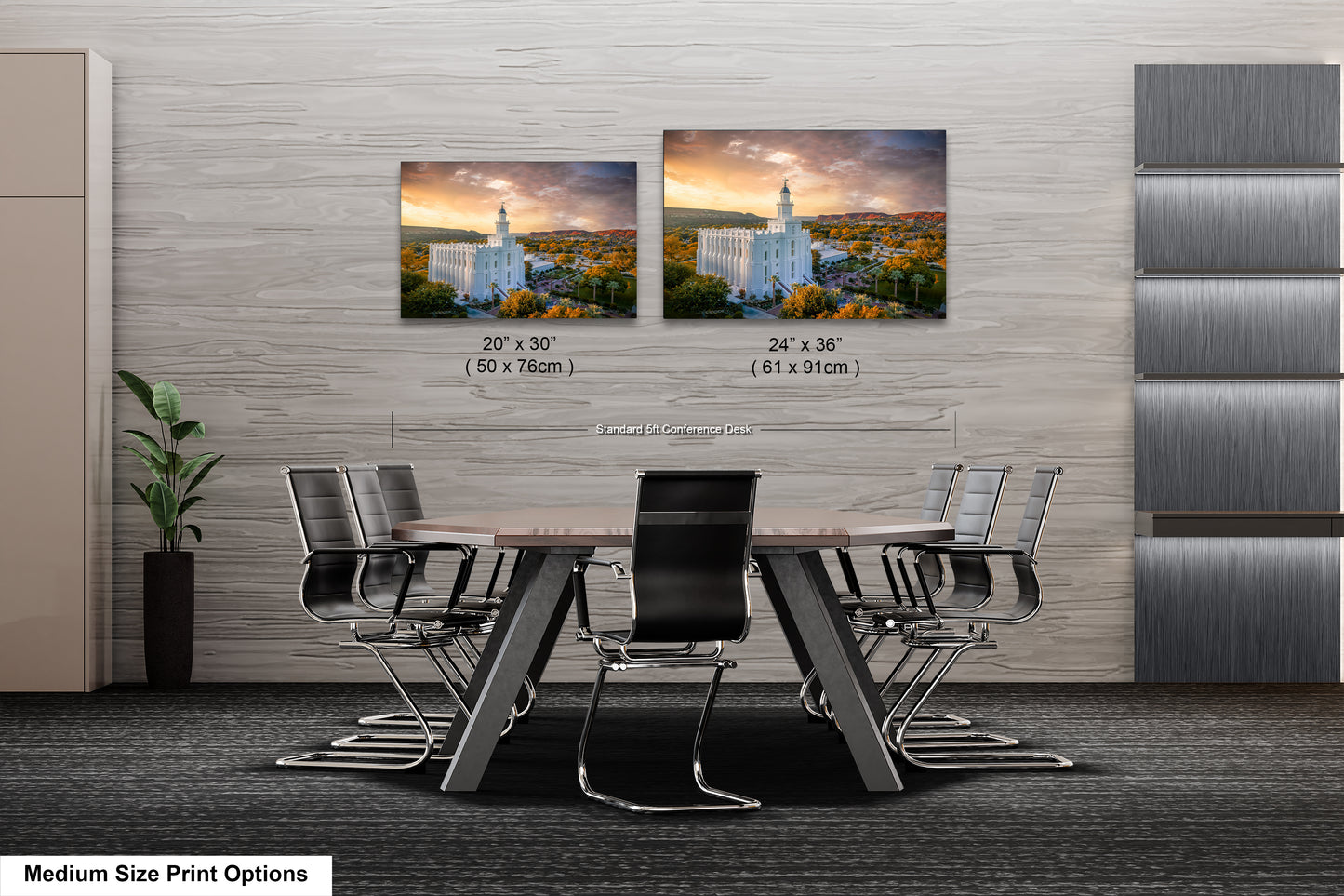 a dining room table with chairs and a picture of a city