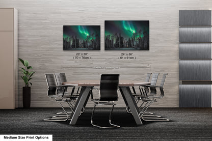 a dining room table with four chairs and two pictures on the wall