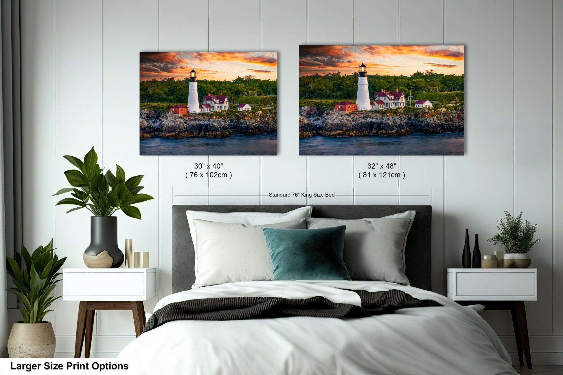 a bedroom with a bed and two pictures on the wall
