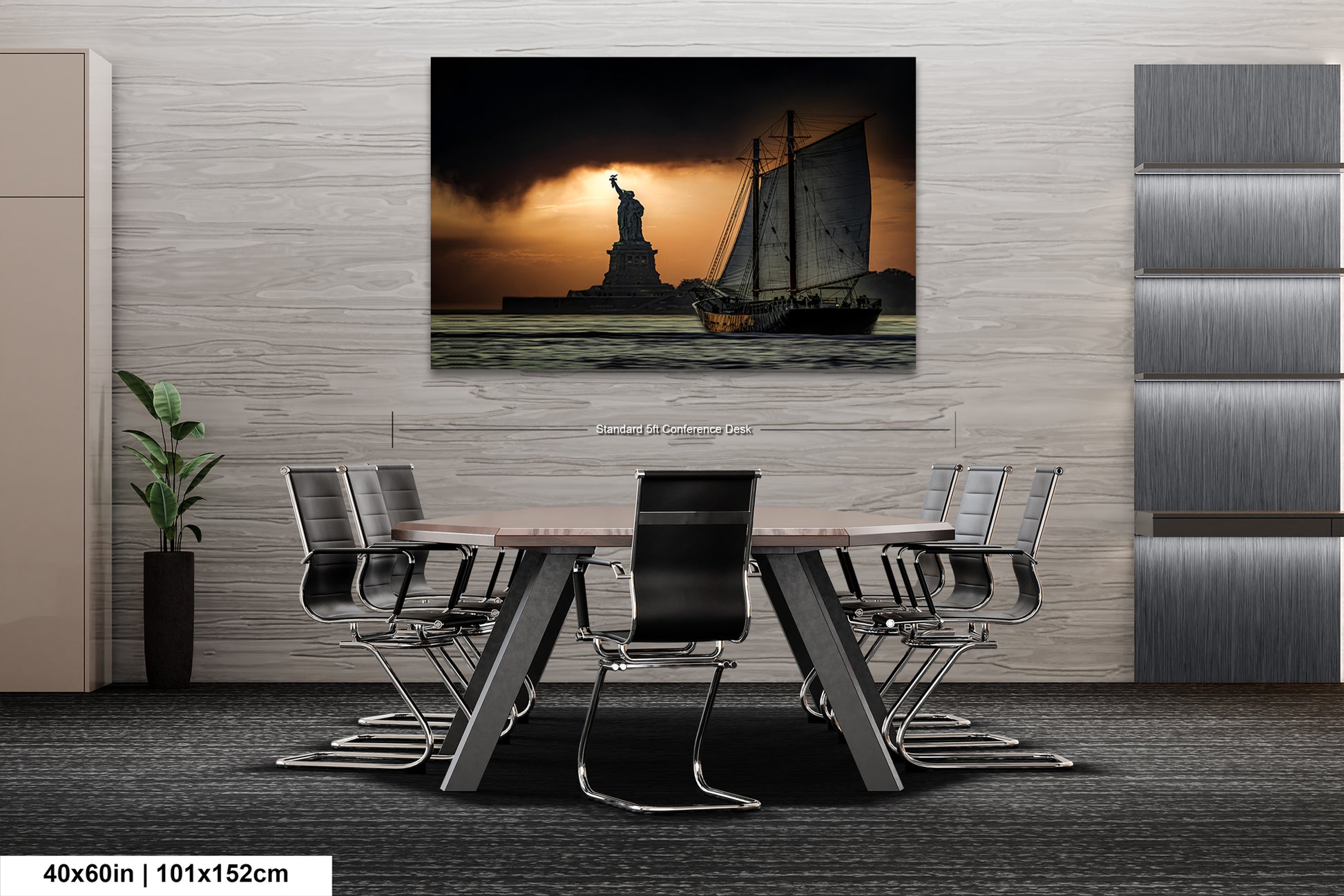 a dining room table with chairs and a painting on the wall