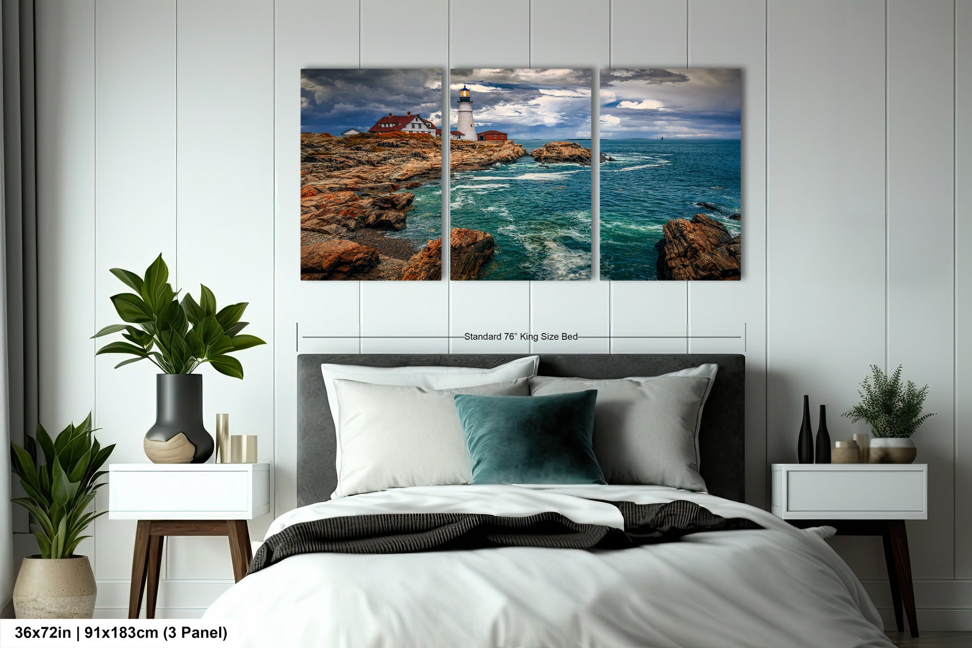 a bedroom scene with focus on the bed and the ocean