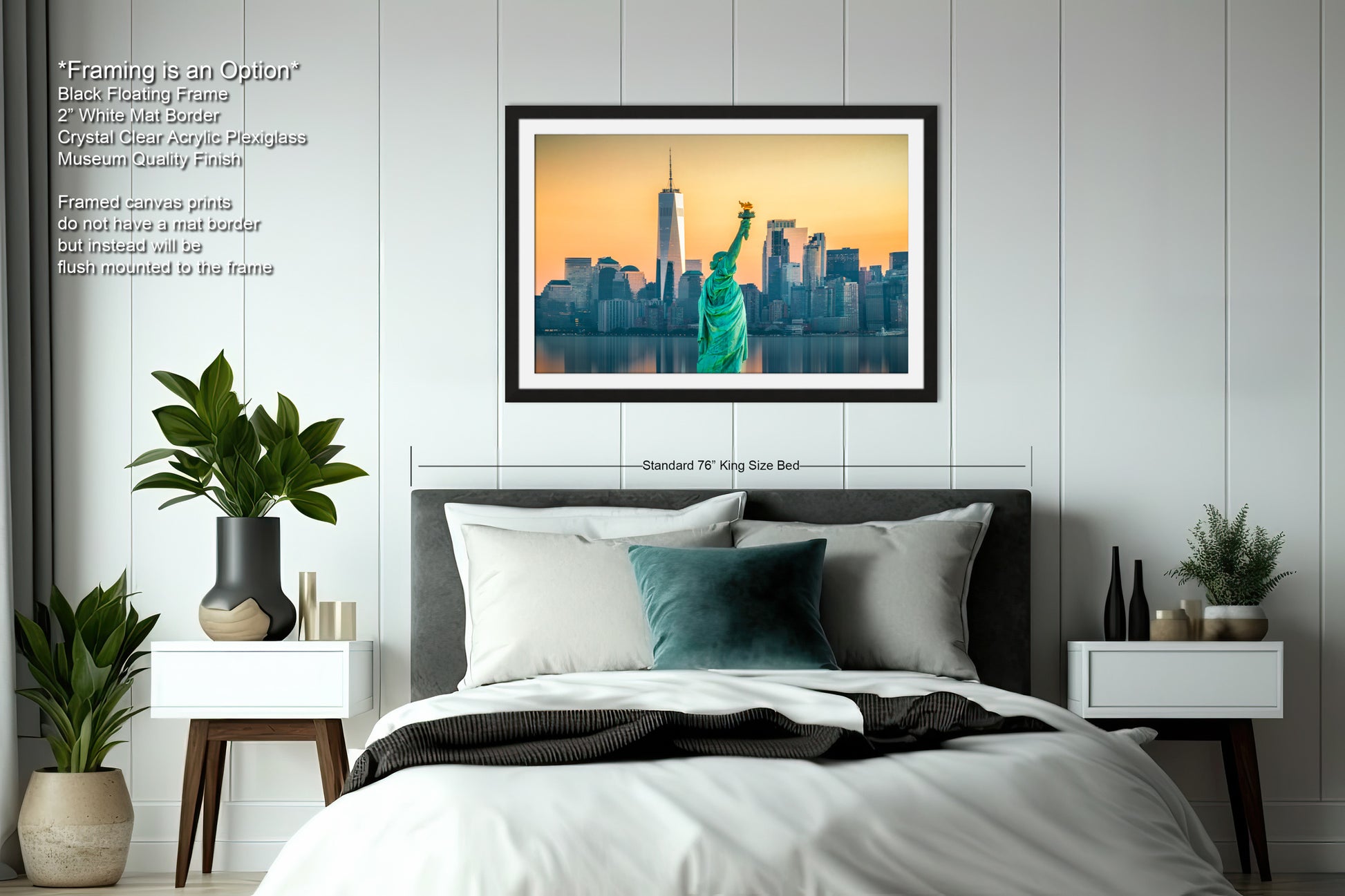 a bedroom with a picture of the statue of liberty