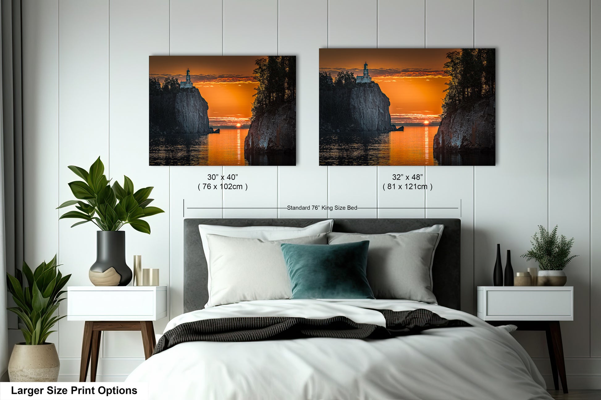 a bedroom with a bed and two pictures on the wall