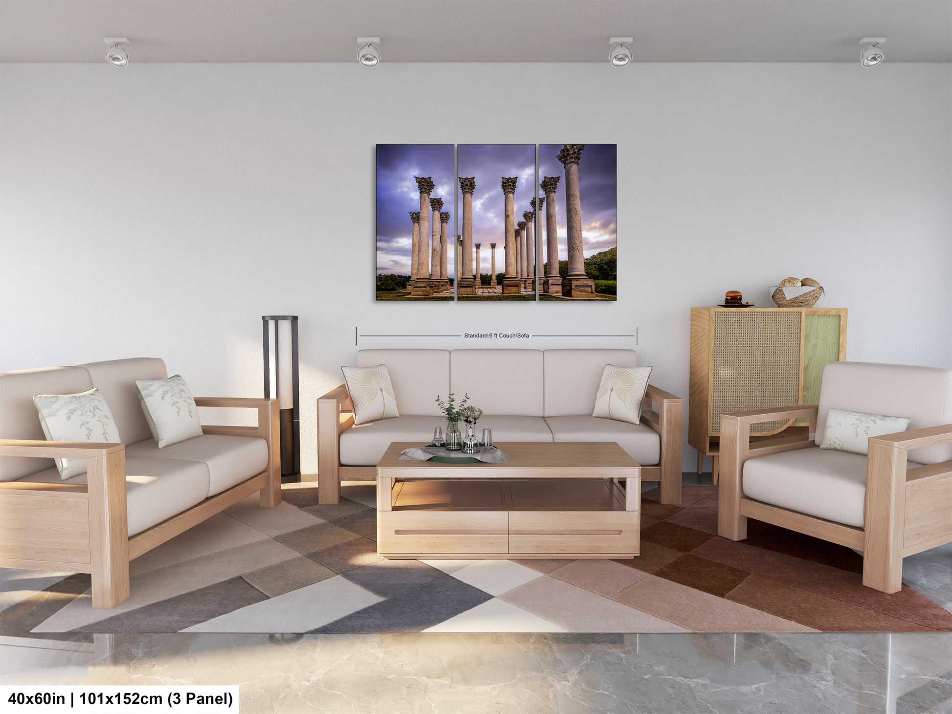 a living room filled with furniture and a painting on the wall