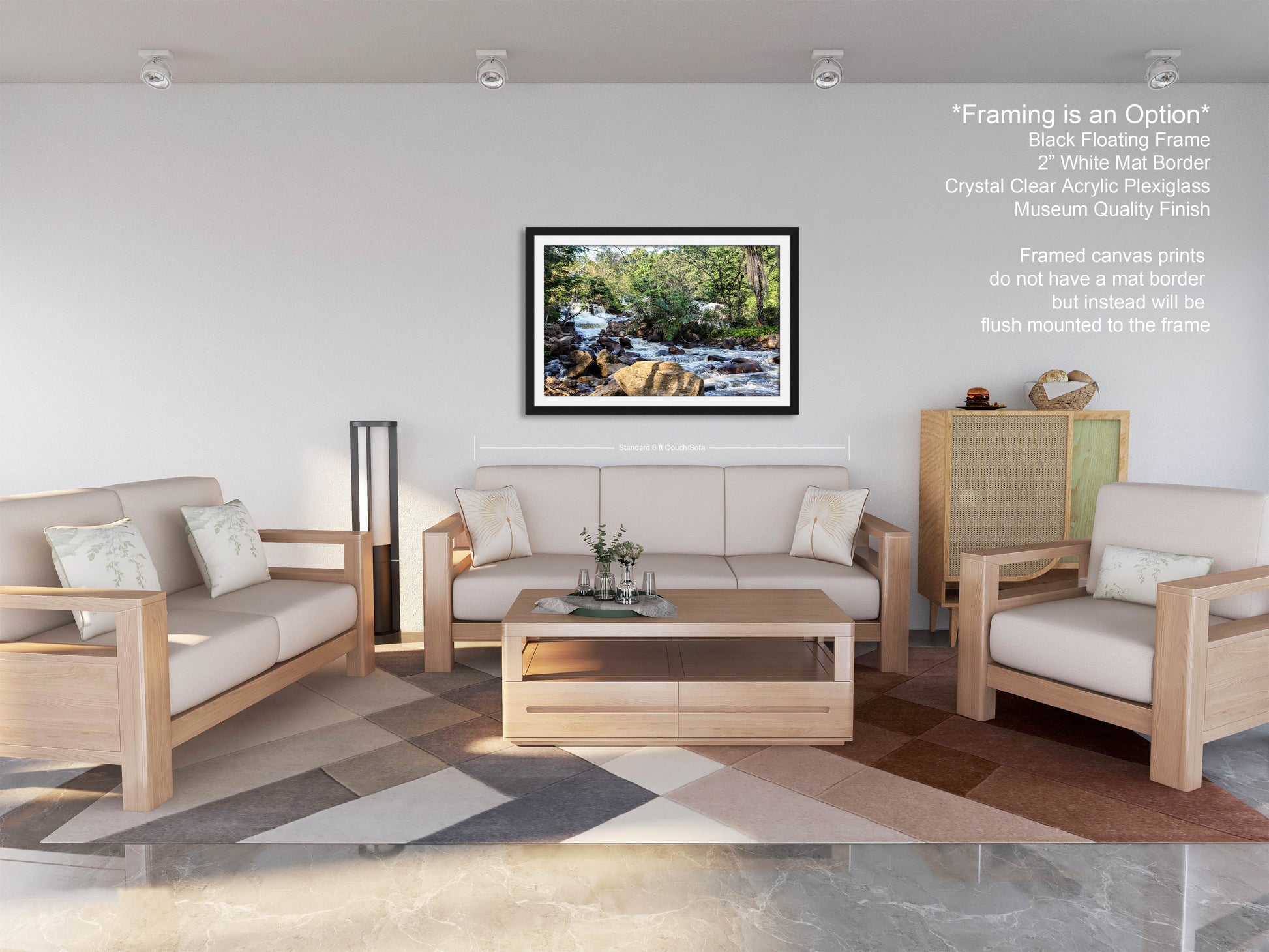 a living room filled with furniture and a painting on the wall