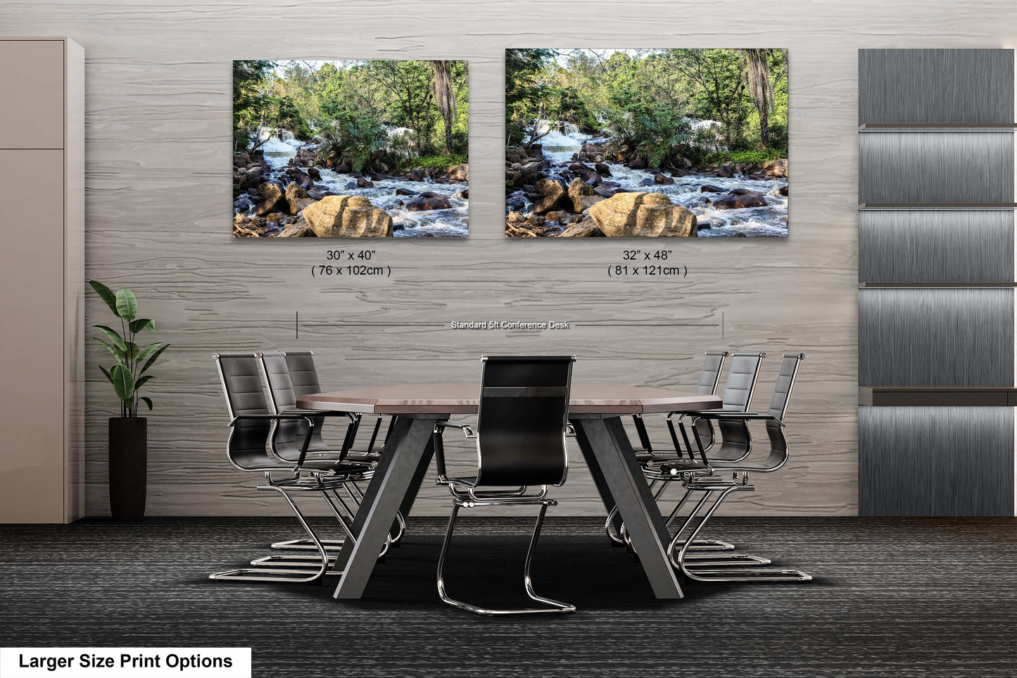 a dining room table with chairs in front of two pictures of a waterfall