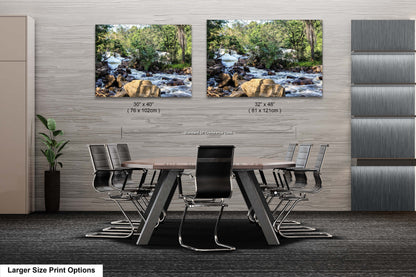 a dining room table with chairs in front of two pictures of a waterfall