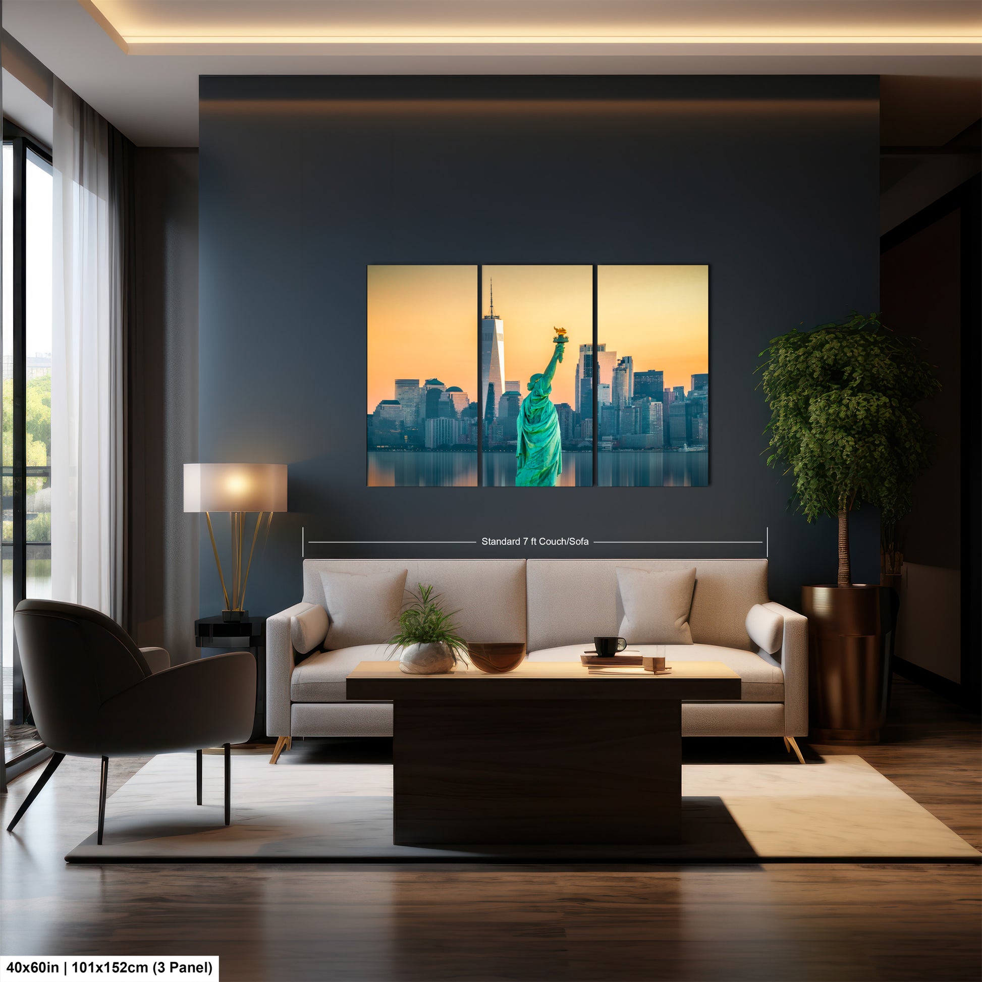 a living room filled with furniture and a painting of the statue of liberty