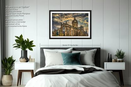 a bedroom with a large bed and a painting on the wall