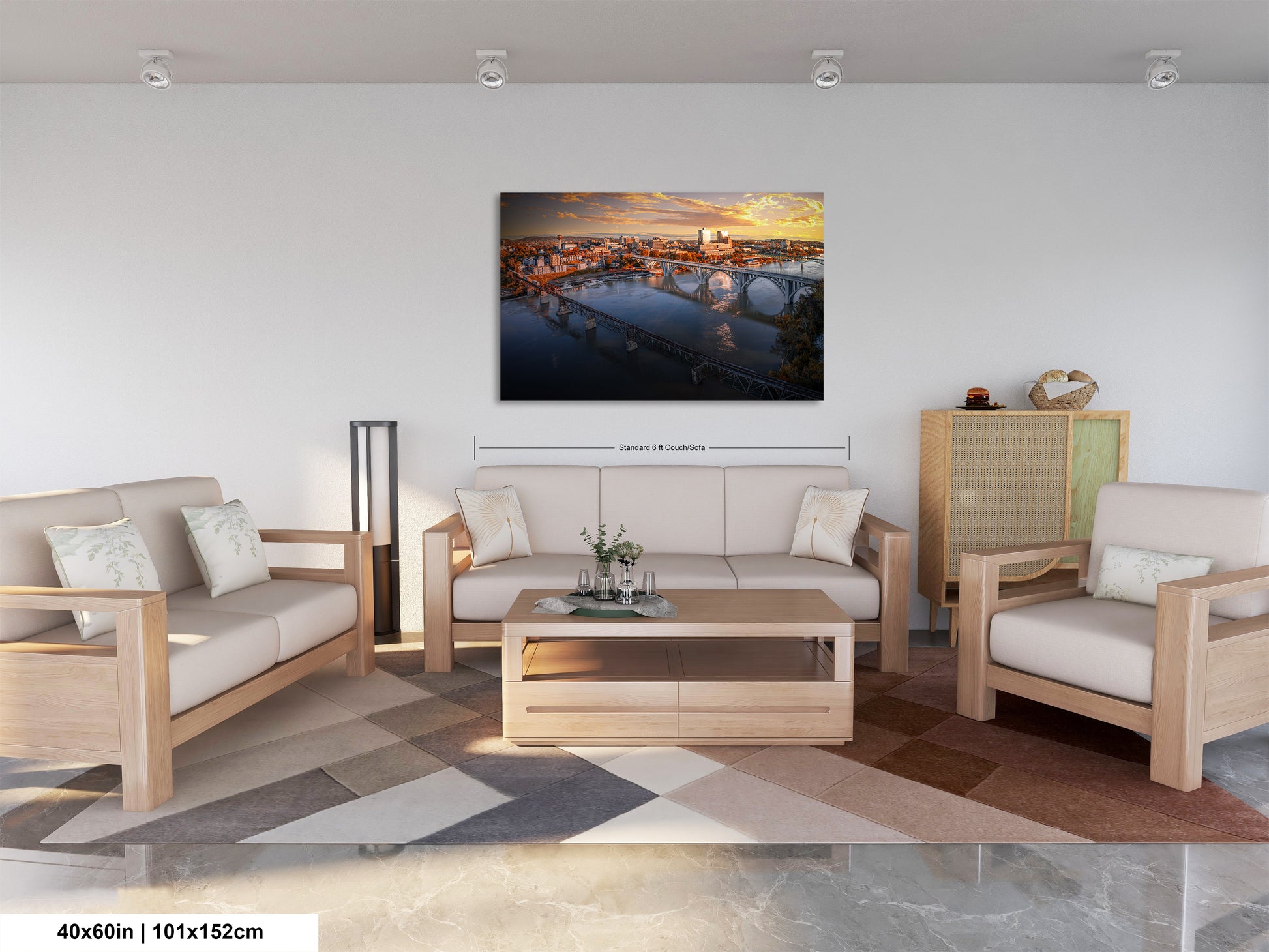 a living room filled with furniture and a painting on the wall